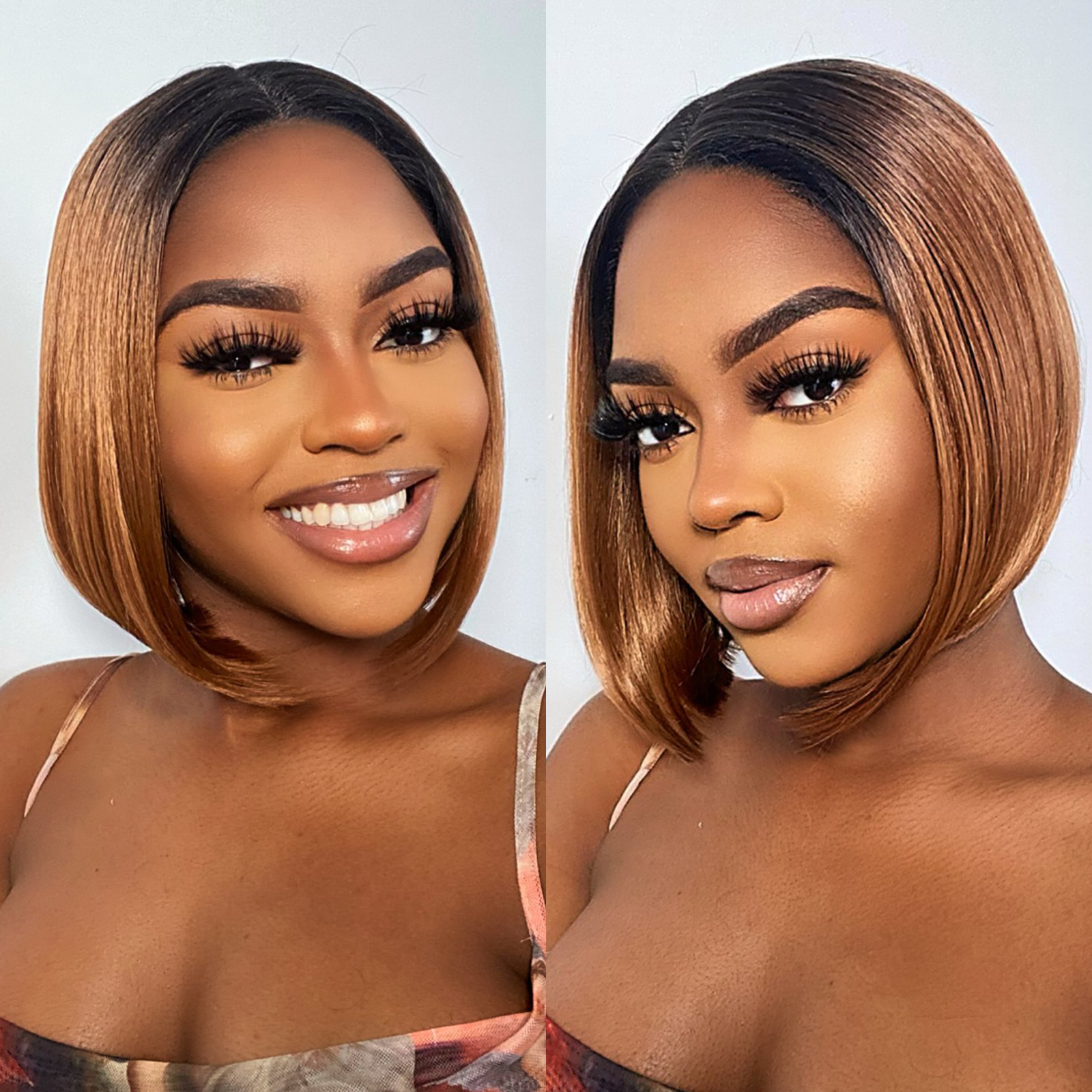 TOYOTRESS AIRY YAKI STRAIGHT T-MIDDLE PART LACE FRONT WIGS WITH BABY HAIR - 12 INCH BOB HUMAN HAIR RIVAL WIG OMBRE BROWN WITH BLACK ROOTS WIG(1027）