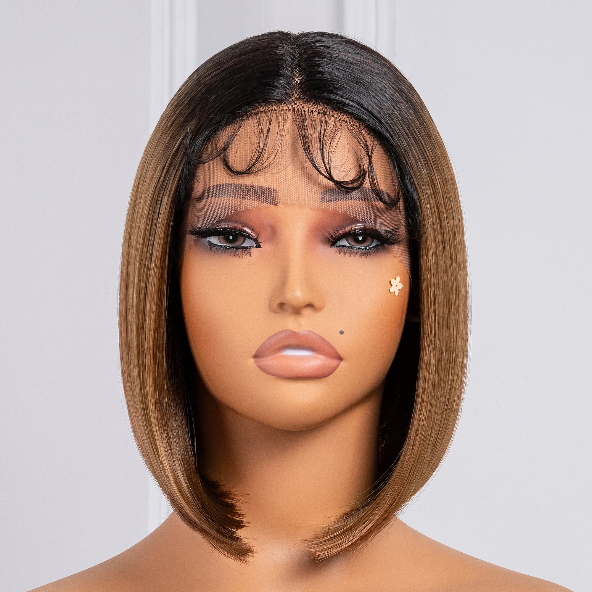 TOYOTRESS AIRY YAKI STRAIGHT T-MIDDLE PART LACE FRONT WIGS WITH BABY HAIR - 12 INCH BOB HUMAN HAIR RIVAL WIG OMBRE BROWN WITH BLACK ROOTS WIG(1027）