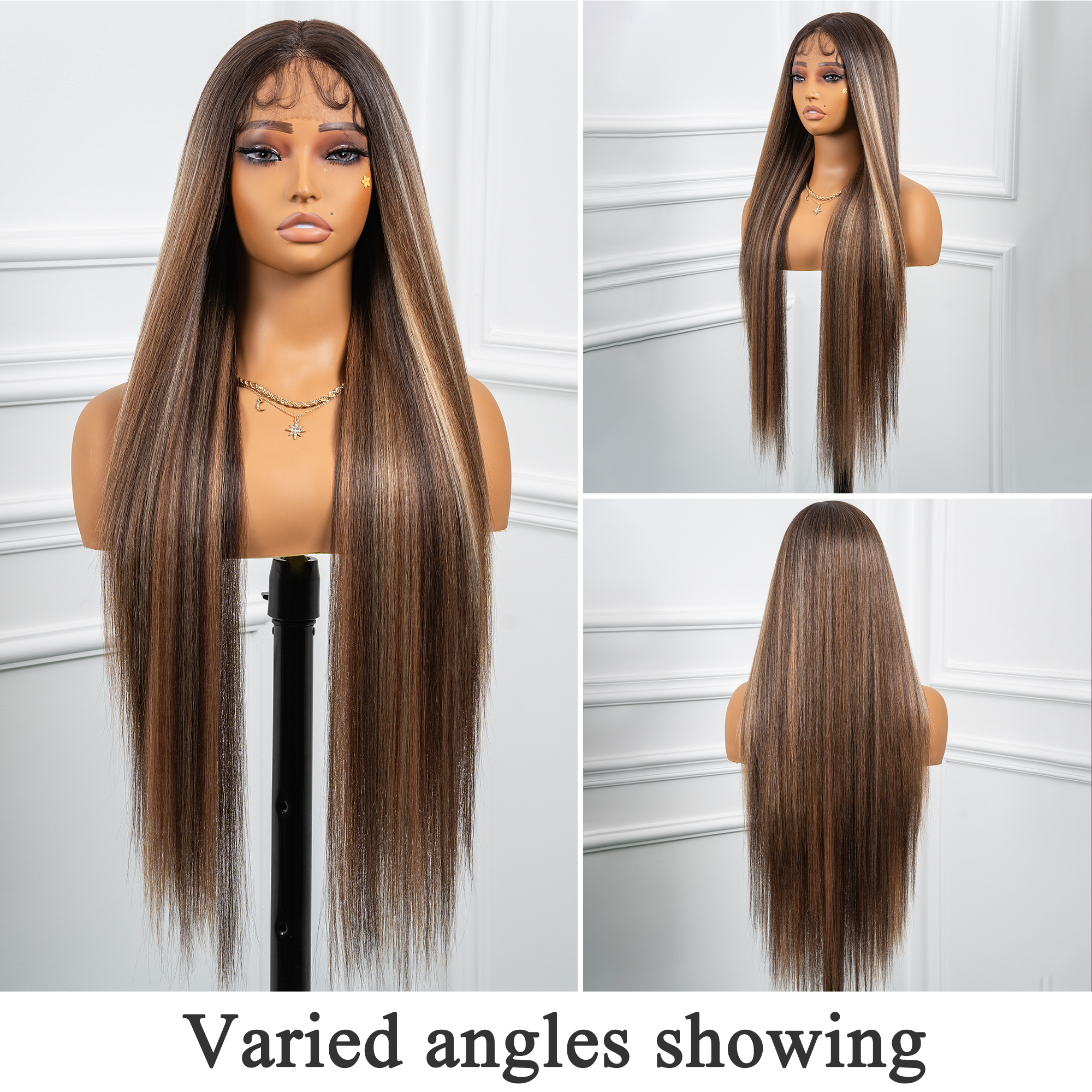 Toyotress Airy Yaki Straight T-middle Part Lace Front Wigs with Baby Hair | 20-32 Inch Long Soft Human Hair Rival Brown With Piano Highlights Wig(1472)