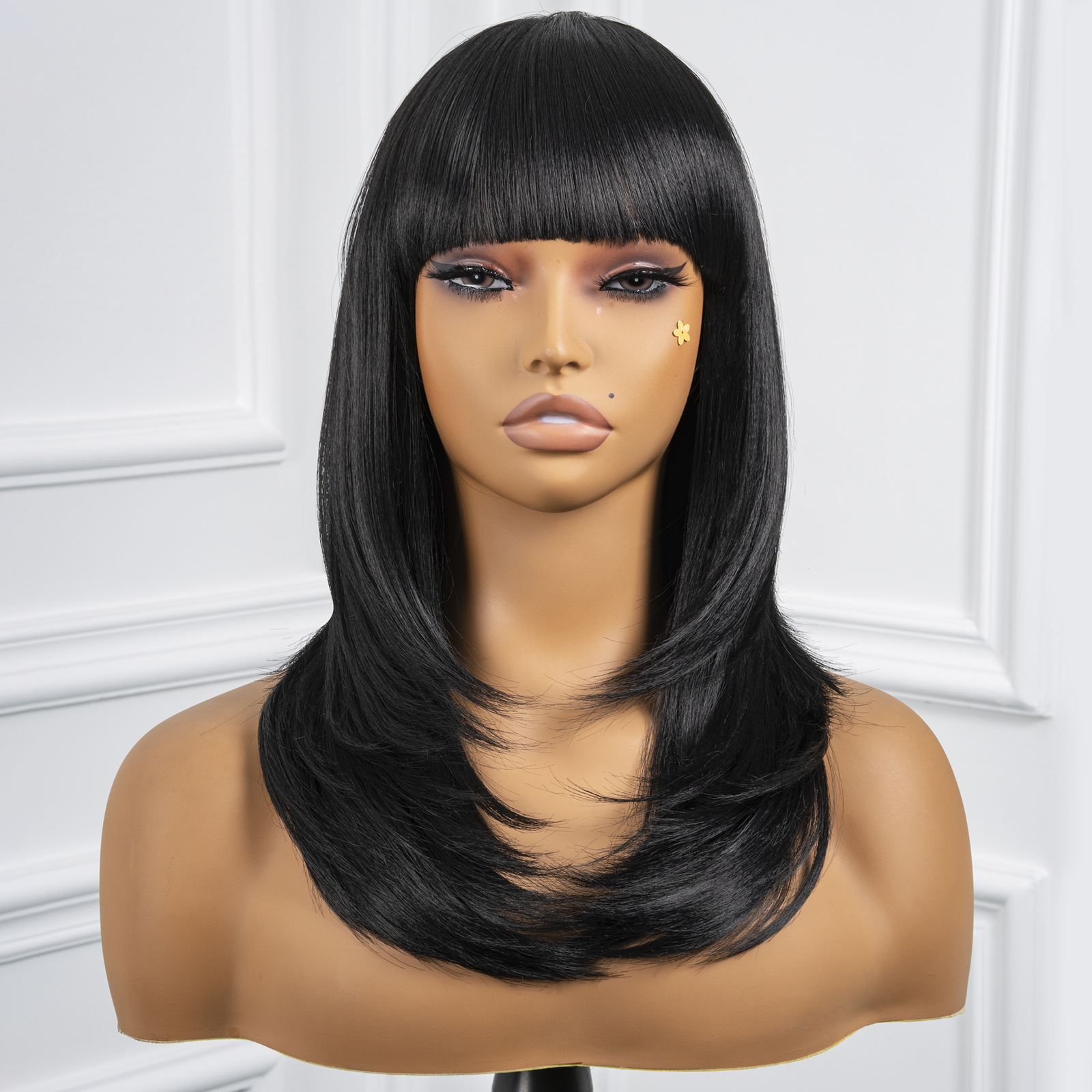 Toyotress  Shoulder-Length Layered Wigs With Bangs -10 Inch Natural Black Mid-Length Wavy Wigs For Black Women, Heat Resistant Synthetic Hair Replacement Wigs (BZ-10)