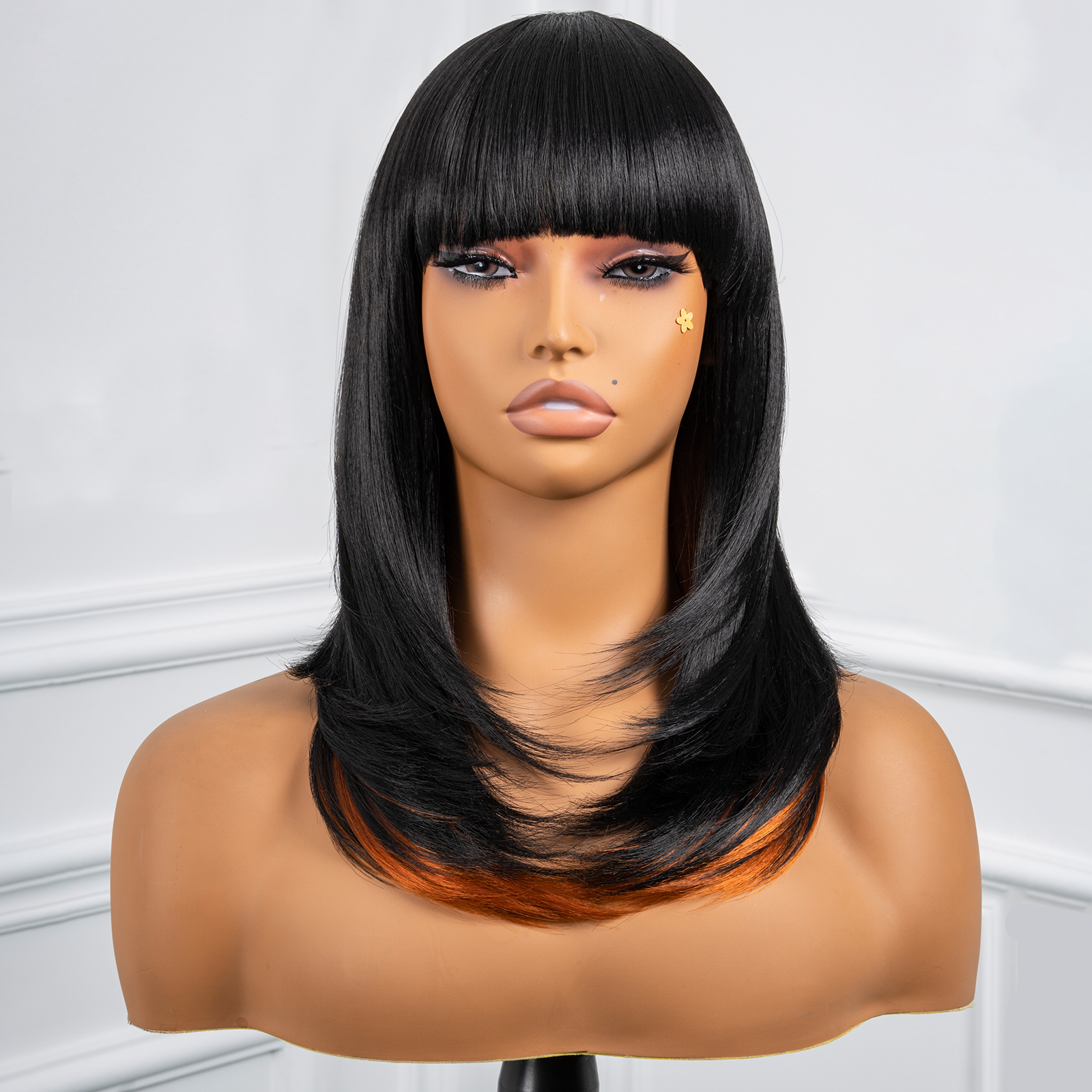 Toyotress  Shoulder-Length Layered Wigs With Bangs -10 Inch Natural Black Mid-Length Wavy Wigs For Black Women, Heat Resistant Synthetic Hair Replacement Wigs (BZ-10)