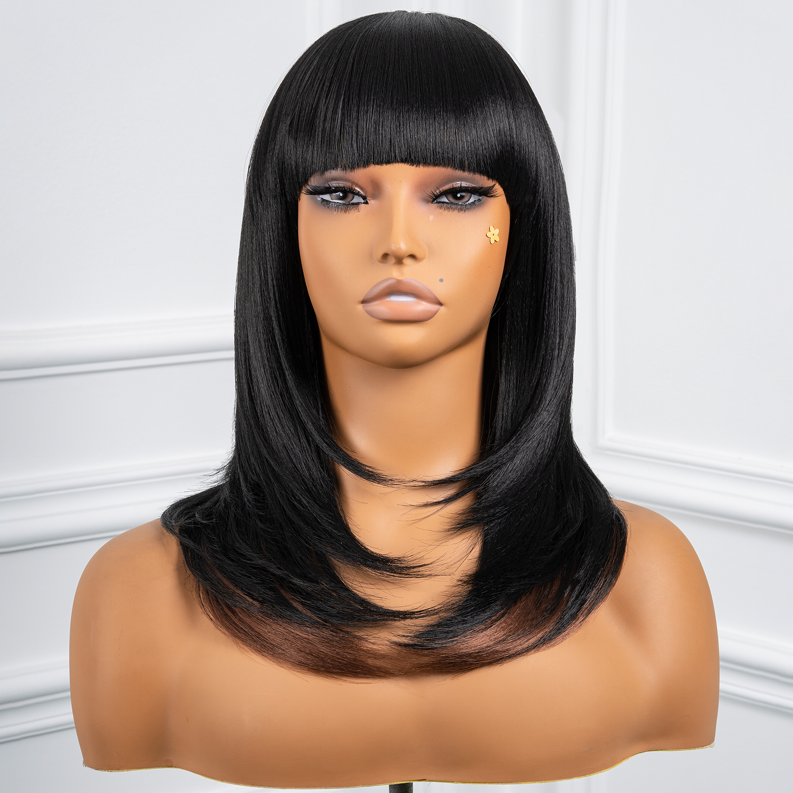 Toyotress  Shoulder-Length Layered Wigs With Bangs -10 Inch Natural Black Mid-Length Wavy Wigs For Black Women, Heat Resistant Synthetic Hair Replacement Wigs (BZ-10)