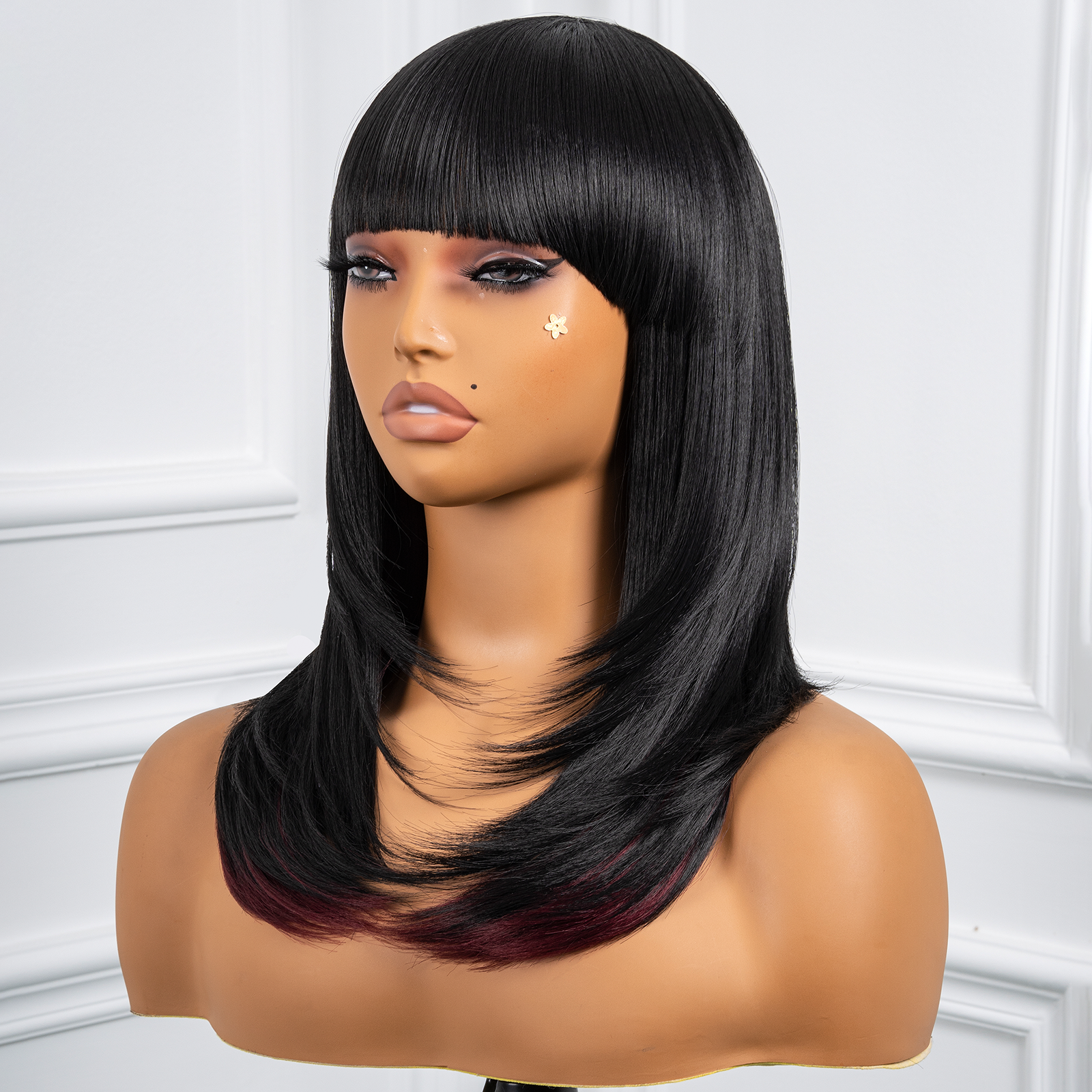 Toyotress  Shoulder-Length Layered Wigs With Bangs -10 Inch Natural Black Mid-Length Wavy Wigs For Black Women, Heat Resistant Synthetic Hair Replacement Wigs (BZ-10)