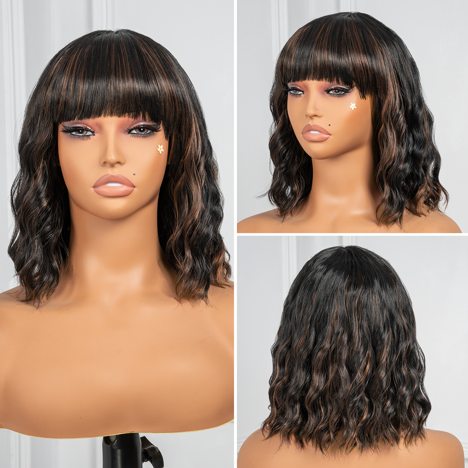 Toyotress Short Wavy Wigs With Bangs - Natural Black Bob Hair Wigs For Black Women, Shoulder Length Curly Synthetic Wigs