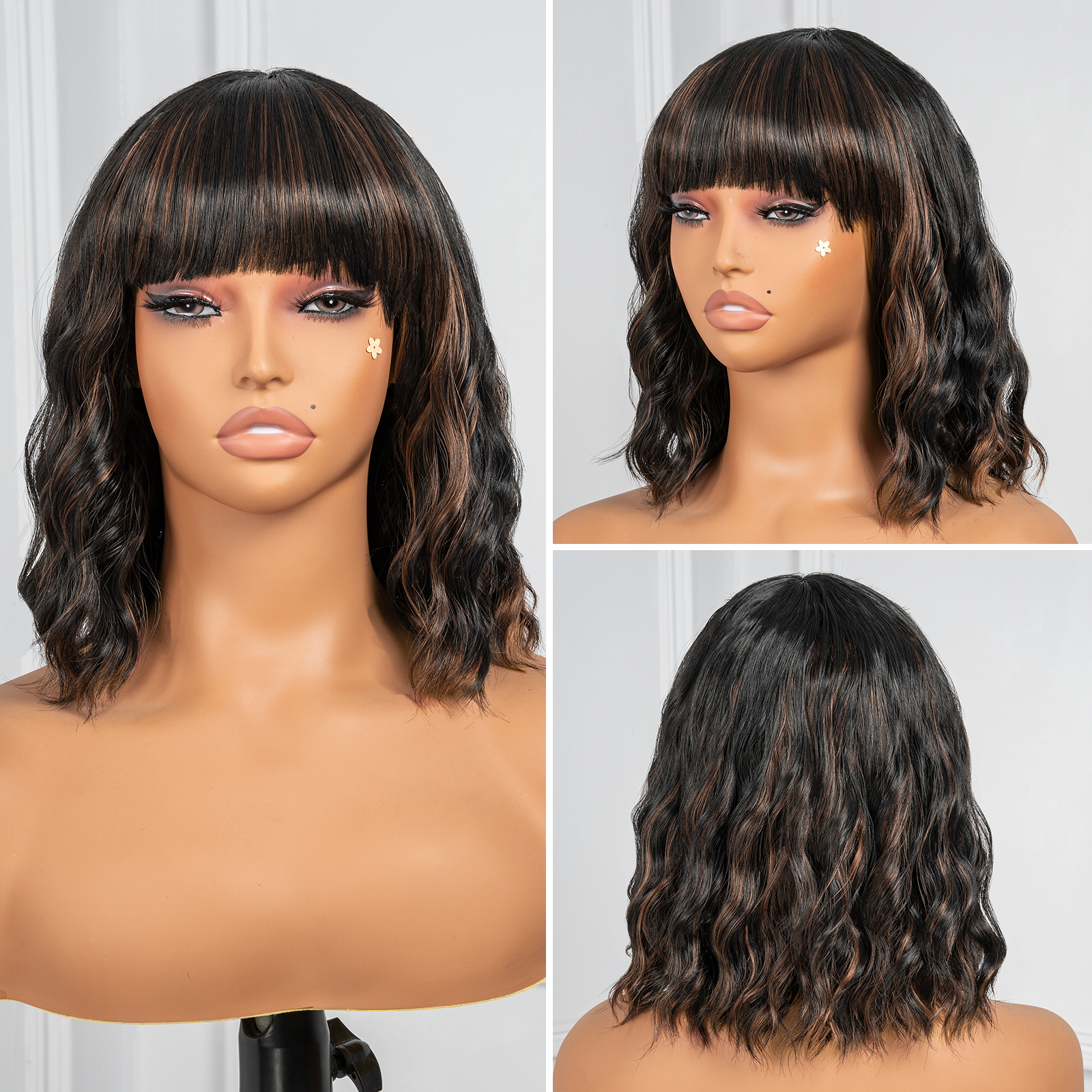 𝗣𝘂𝗺𝗽𝗸𝗶𝗻 𝗦𝗽𝗶𝗰𝗲 𝗧𝗿𝗲𝘀𝘀𝗲𝘀 | Toyotress Short Wavy Wigs With Bangs - 10 Inch Natural Black Bob Hair Wigs For Black Women, Shoulder Length Curly Synthetic Wigs(0925)