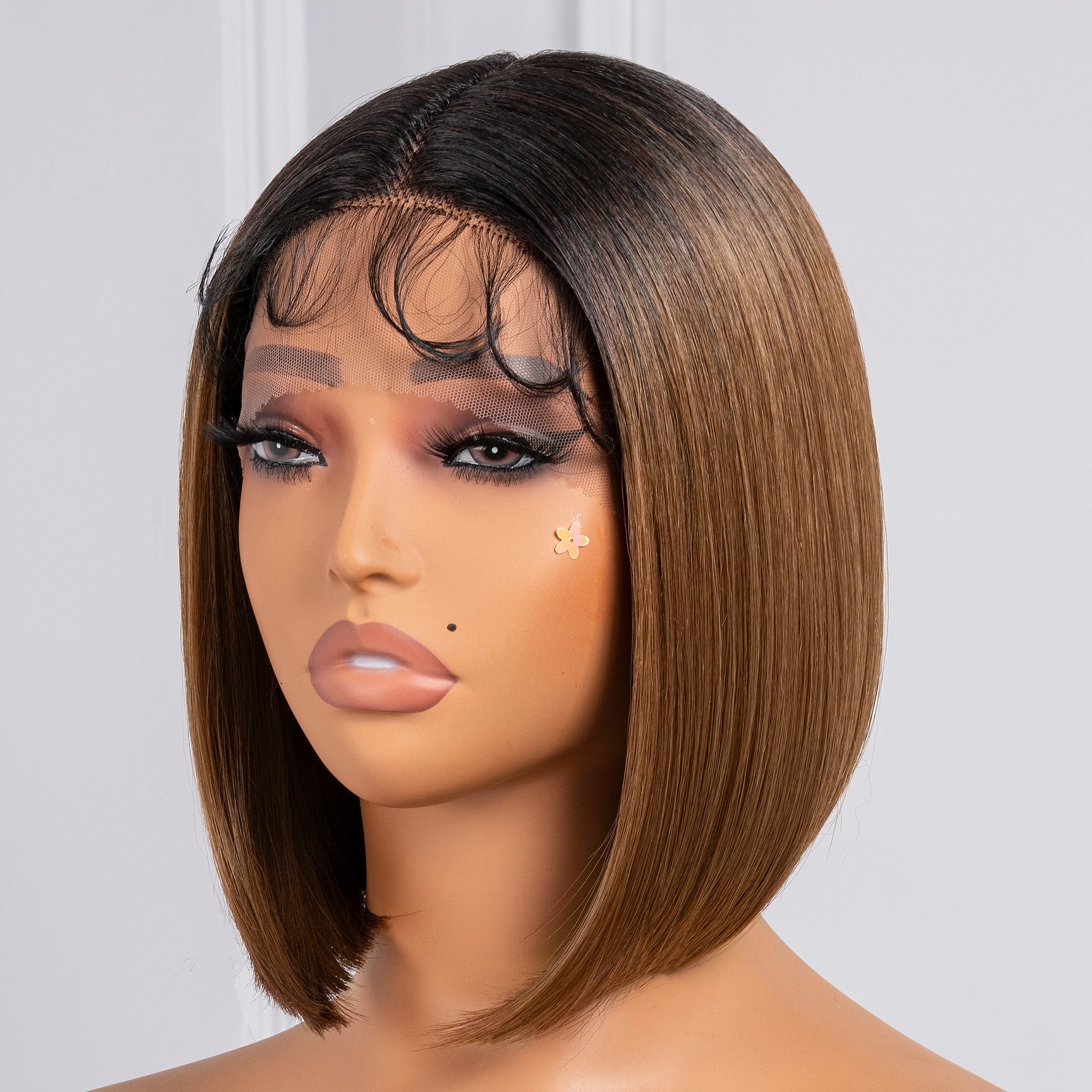 TOYOTRESS AIRY YAKI STRAIGHT T-MIDDLE PART LACE FRONT WIGS WITH BABY HAIR - 12 INCH BOB HUMAN HAIR RIVAL WIG OMBRE BROWN WITH BLACK ROOTS WIG(1027）