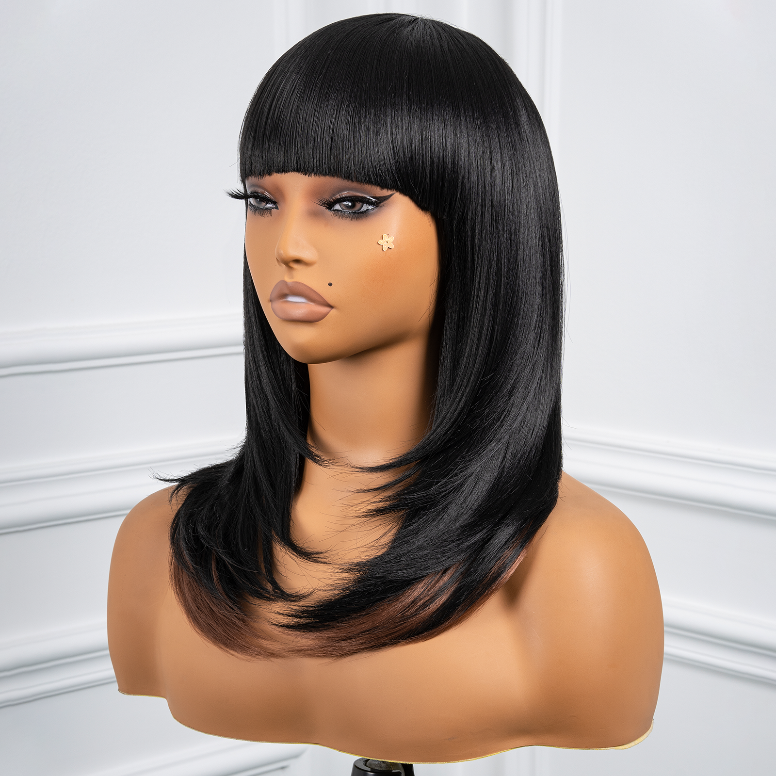 Toyotress  Shoulder-Length Layered Wigs With Bangs -10 Inch Natural Black Mid-Length Wavy Wigs For Black Women, Heat Resistant Synthetic Hair Replacement Wigs (BZ-10)