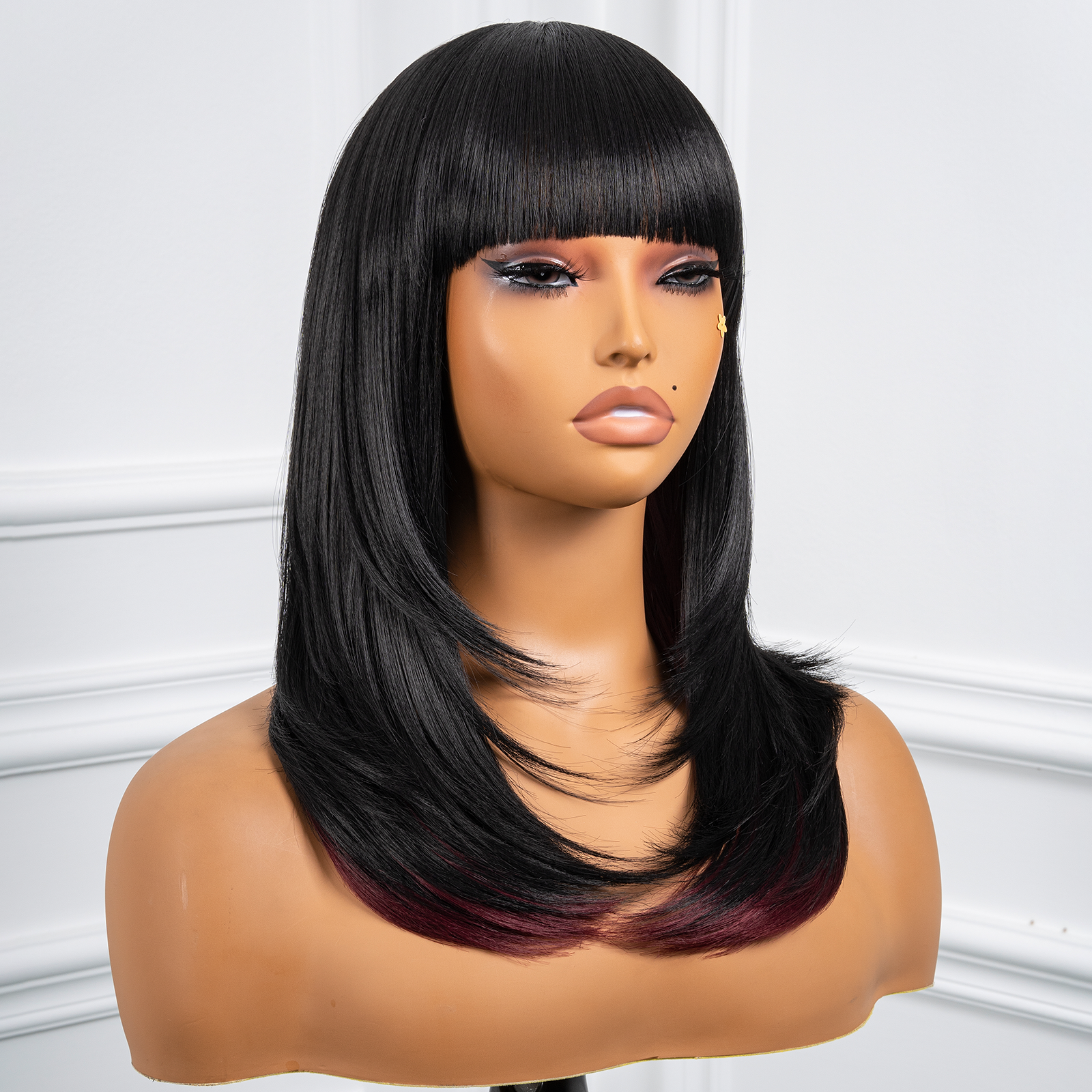 Toyotress  Shoulder-Length Layered Wigs With Bangs -10 Inch Natural Black Mid-Length Wavy Wigs For Black Women, Heat Resistant Synthetic Hair Replacement Wigs (BZ-10)