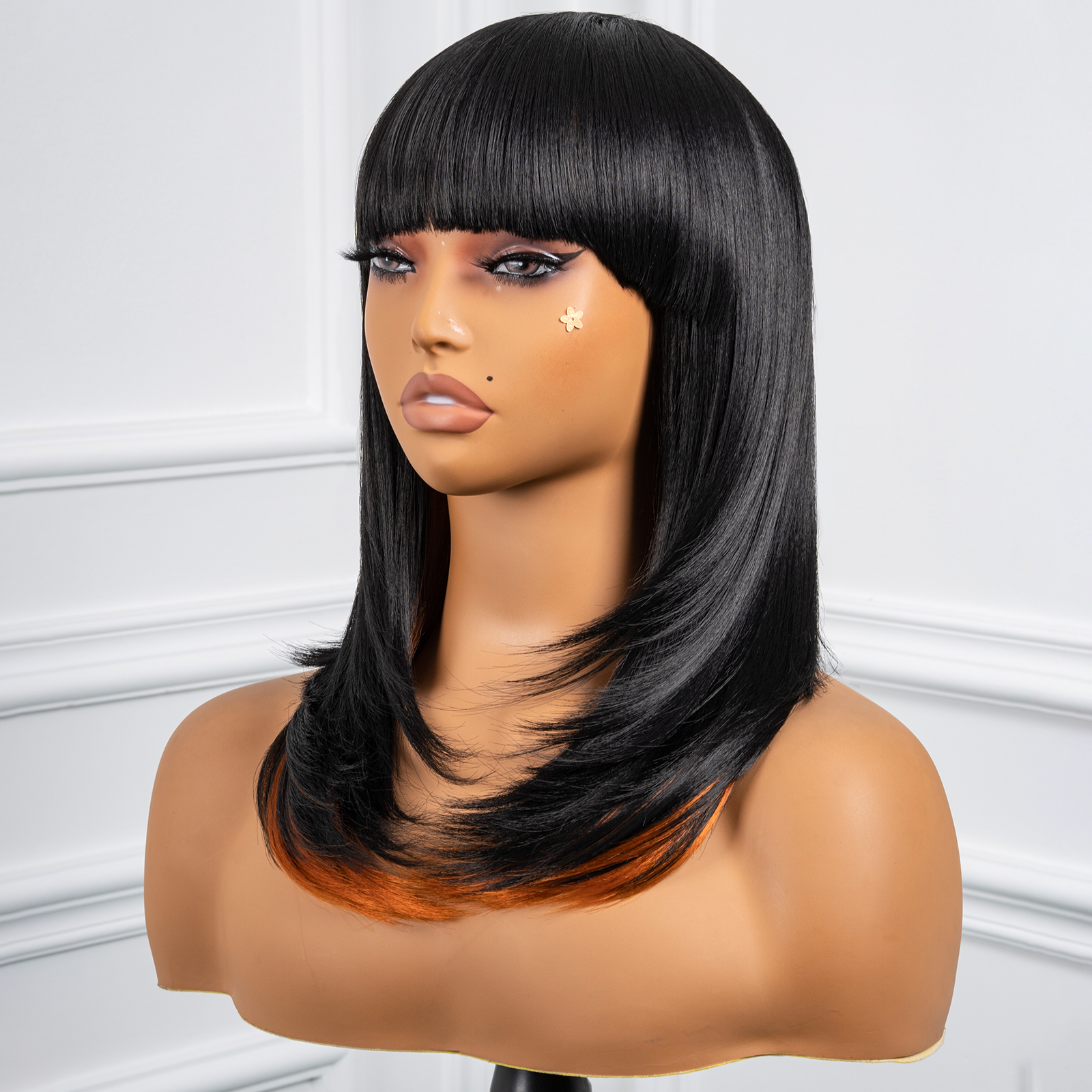 Toyotress  Shoulder-Length Layered Wigs With Bangs -10 Inch Natural Black Mid-Length Wavy Wigs For Black Women, Heat Resistant Synthetic Hair Replacement Wigs (BZ-10)