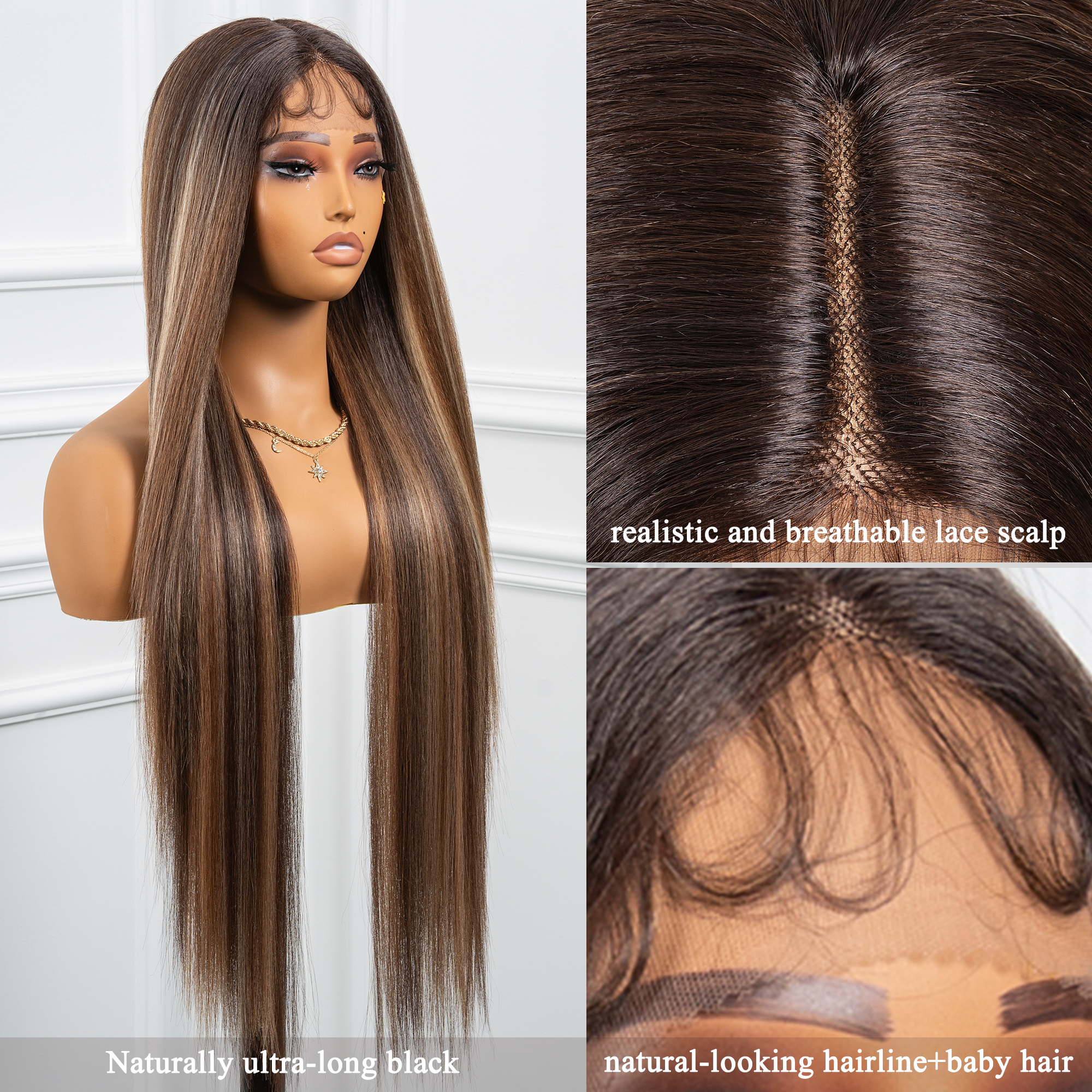 Toyotress Airy Yaki Straight T-middle Part Lace Front Wigs with Baby Hair | 20-32 Inch Long Soft Human Hair Rival Brown With Piano Highlights Wig(1472)