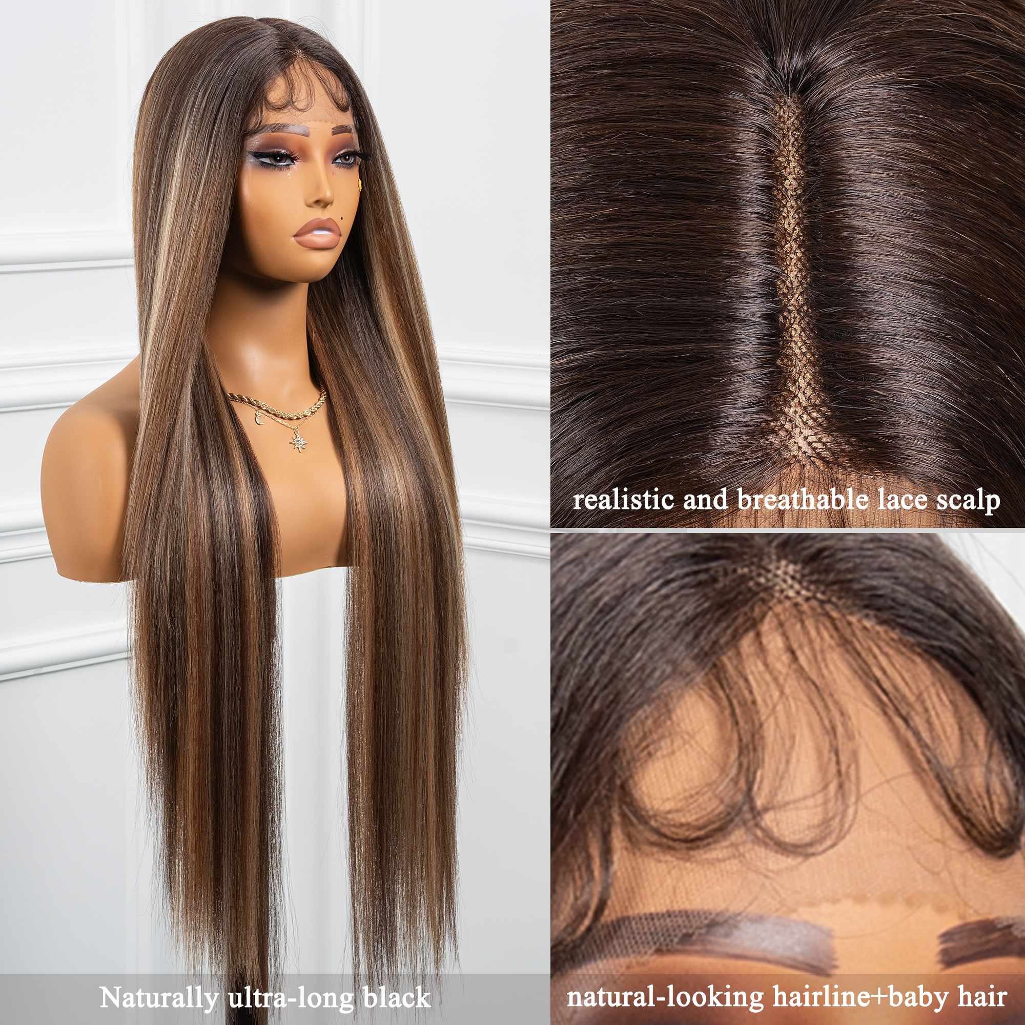 𝗣𝗶𝘀𝗰𝗲𝘀 | Toyotress Airy Yaki Straight T-middle Part Lace Front Wigs with Baby Hair | 20-32 Inch Long Soft Human Hair Rival Brown With Piano Highlights Wig(1472)