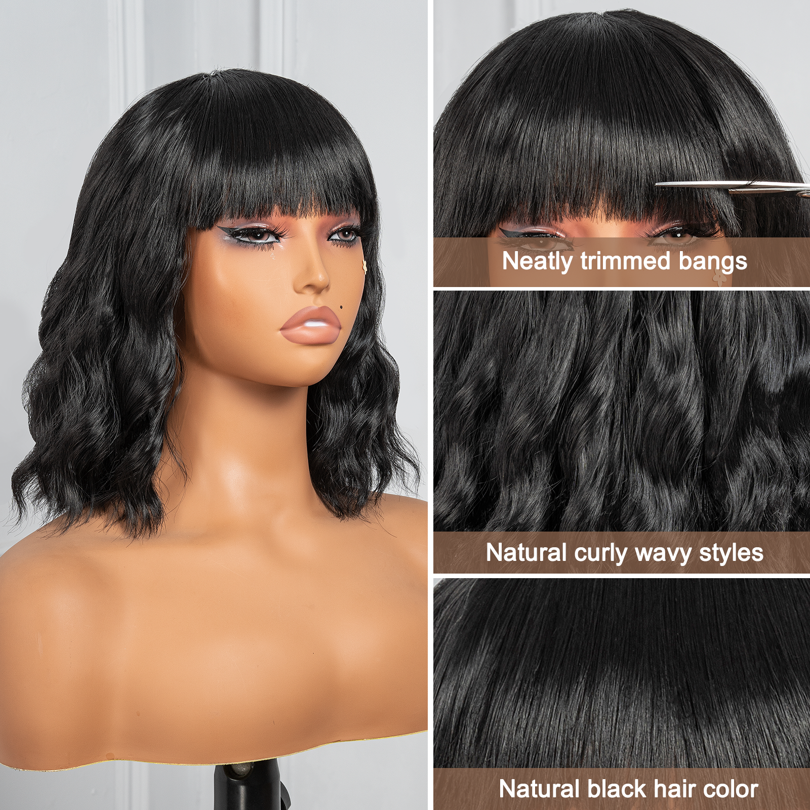 Toyotress Short Wavy Wigs With Bangs - Natural Black Bob Hair Wigs For Black Women, Shoulder Length Curly Synthetic Wigs