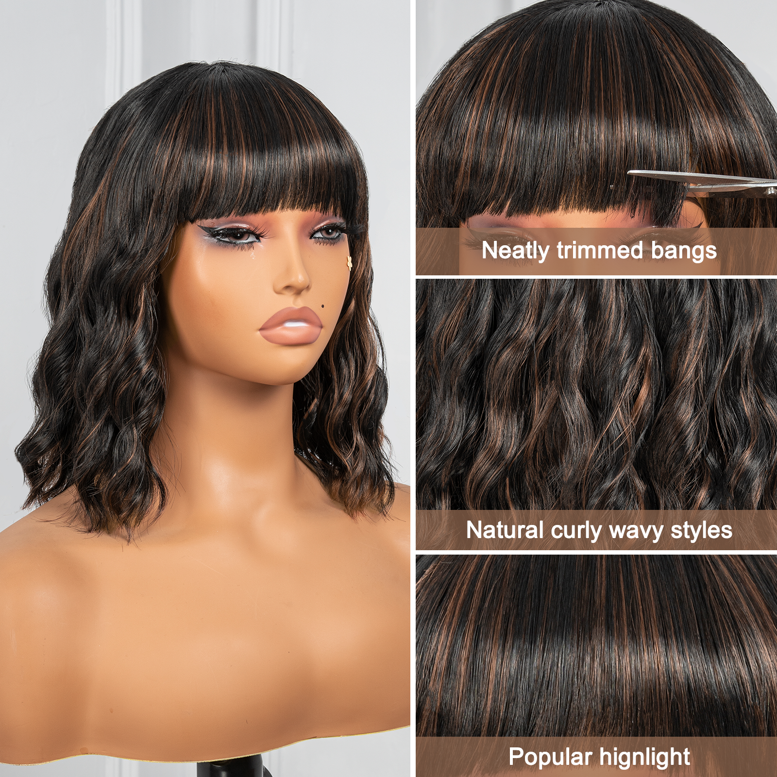 Toyotress Short Wavy Wigs With Bangs - Natural Black Bob Hair Wigs For Black Women, Shoulder Length Curly Synthetic Wigs