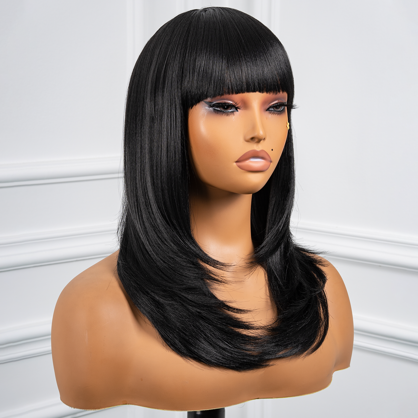 Toyotress  Shoulder-Length Layered Wigs With Bangs -10 Inch Natural Black Mid-Length Wavy Wigs For Black Women, Heat Resistant Synthetic Hair Replacement Wigs (BZ-10)