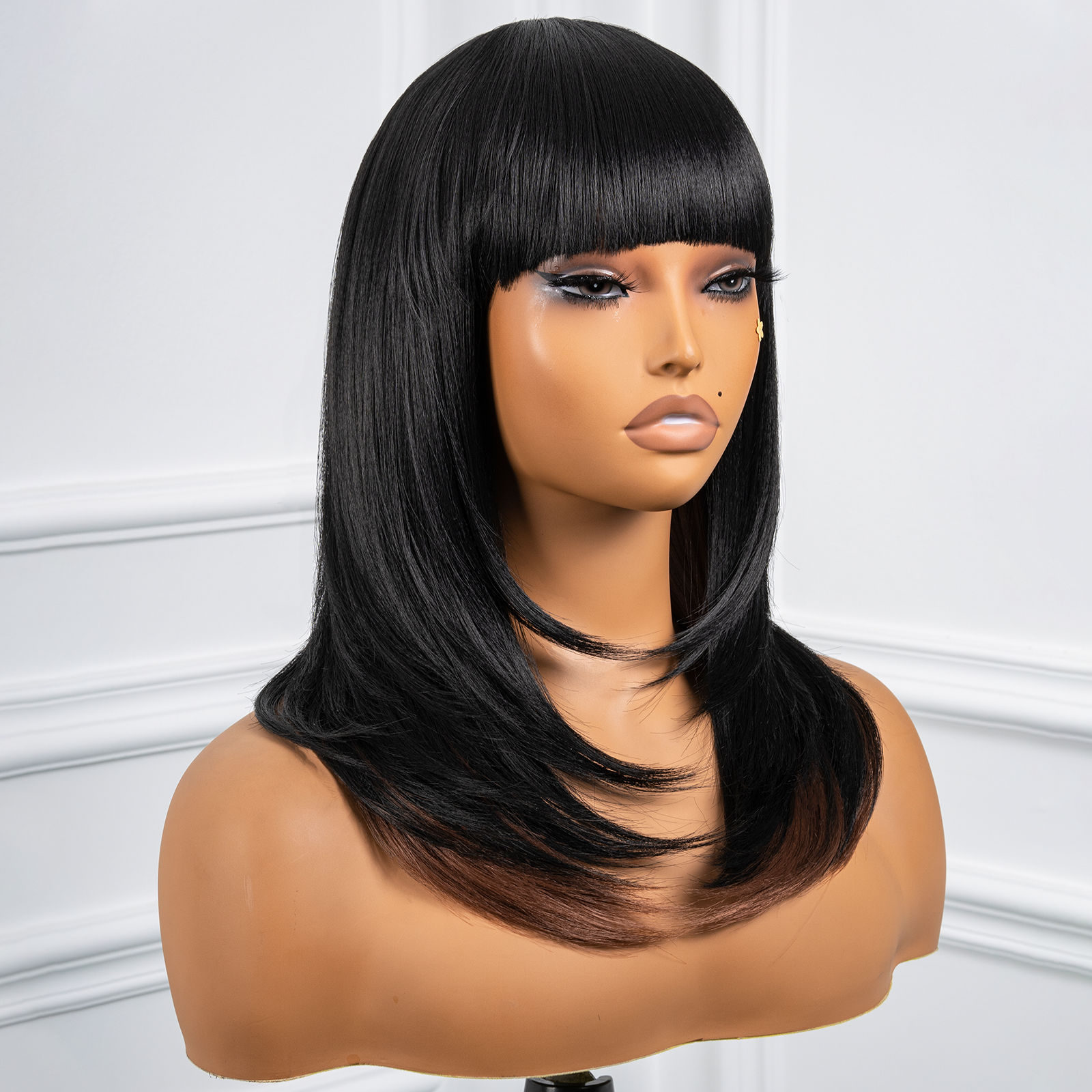 Toyotress  Shoulder-Length Layered Wigs With Bangs -10 Inch Natural Black Mid-Length Wavy Wigs For Black Women, Heat Resistant Synthetic Hair Replacement Wigs (BZ-10)