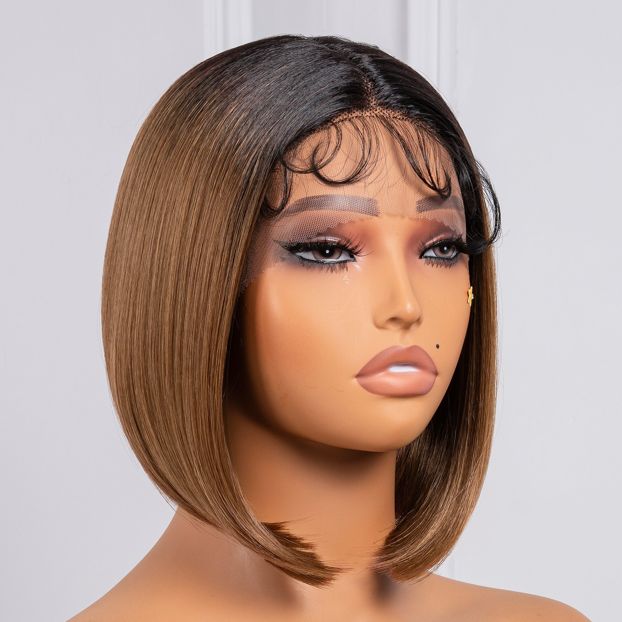 TOYOTRESS AIRY YAKI STRAIGHT T-MIDDLE PART LACE FRONT WIGS WITH BABY HAIR - 12 INCH BOB HUMAN HAIR RIVAL WIG OMBRE BROWN WITH BLACK ROOTS WIG(1027）