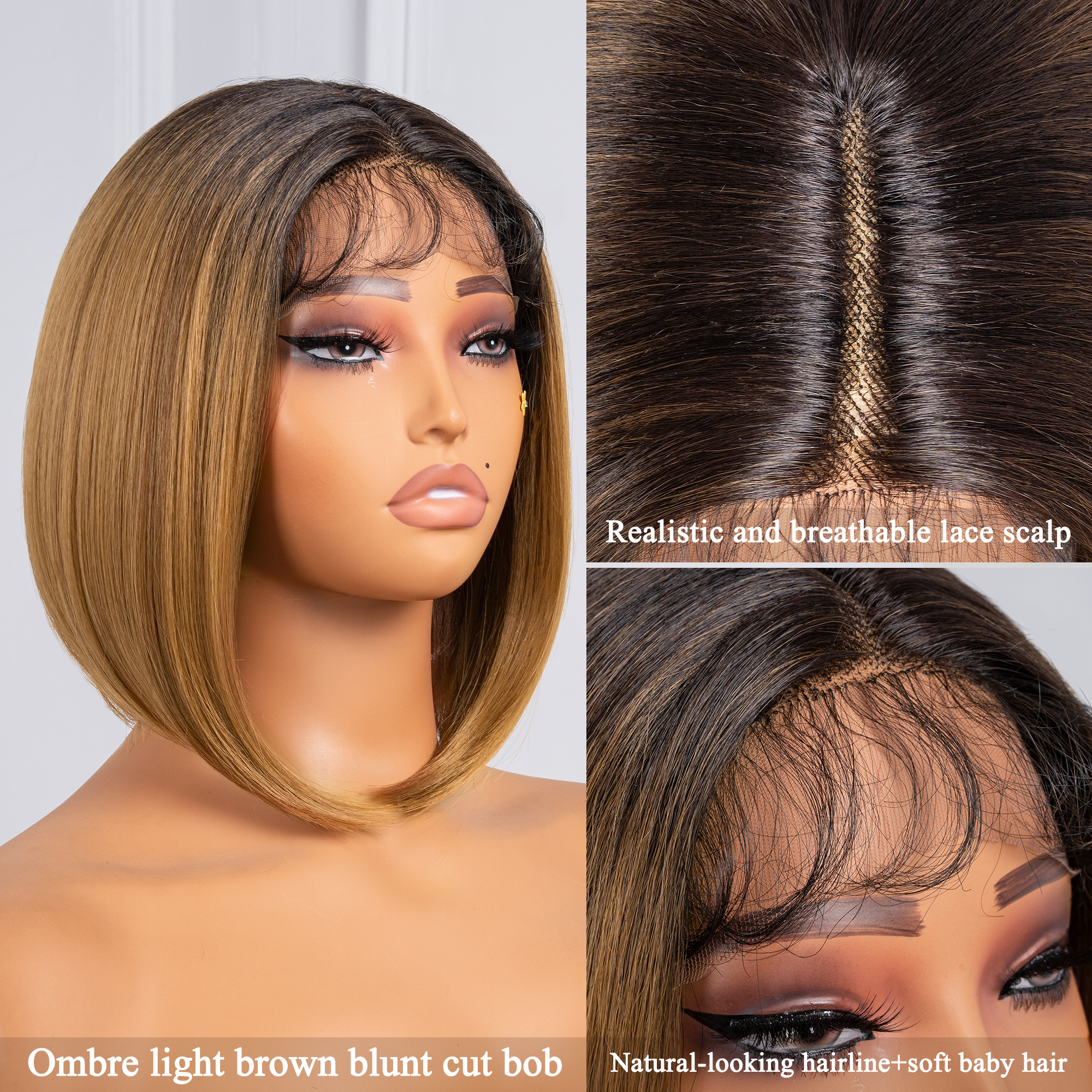 TOYOTRESS AIRY YAKI STRAIGHT T-MIDDLE PART LACE FRONT WIGS WITH BABY HAIR - 10 INCH BOB HUMAN HAIR RIVAL WIG OMBRE BROWN WITH BLACK ROOTS WIG(1027）