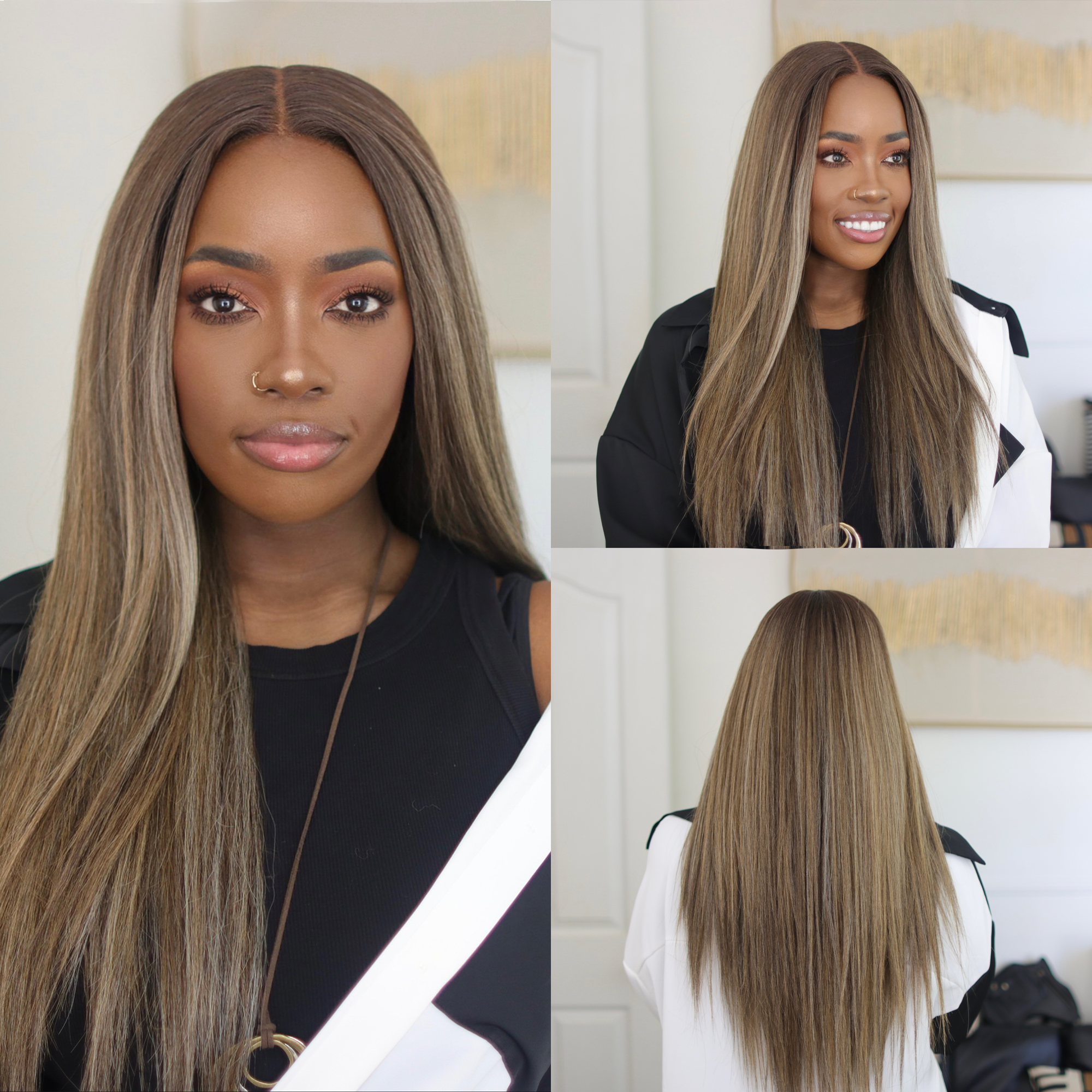 Toyotress Airy Yaki Straight T-middle Part Lace Front Wigs with Baby Hair | 20-32 Inch Long Soft Human Hair Rival Brown With Piano Highlights Wig(1472)