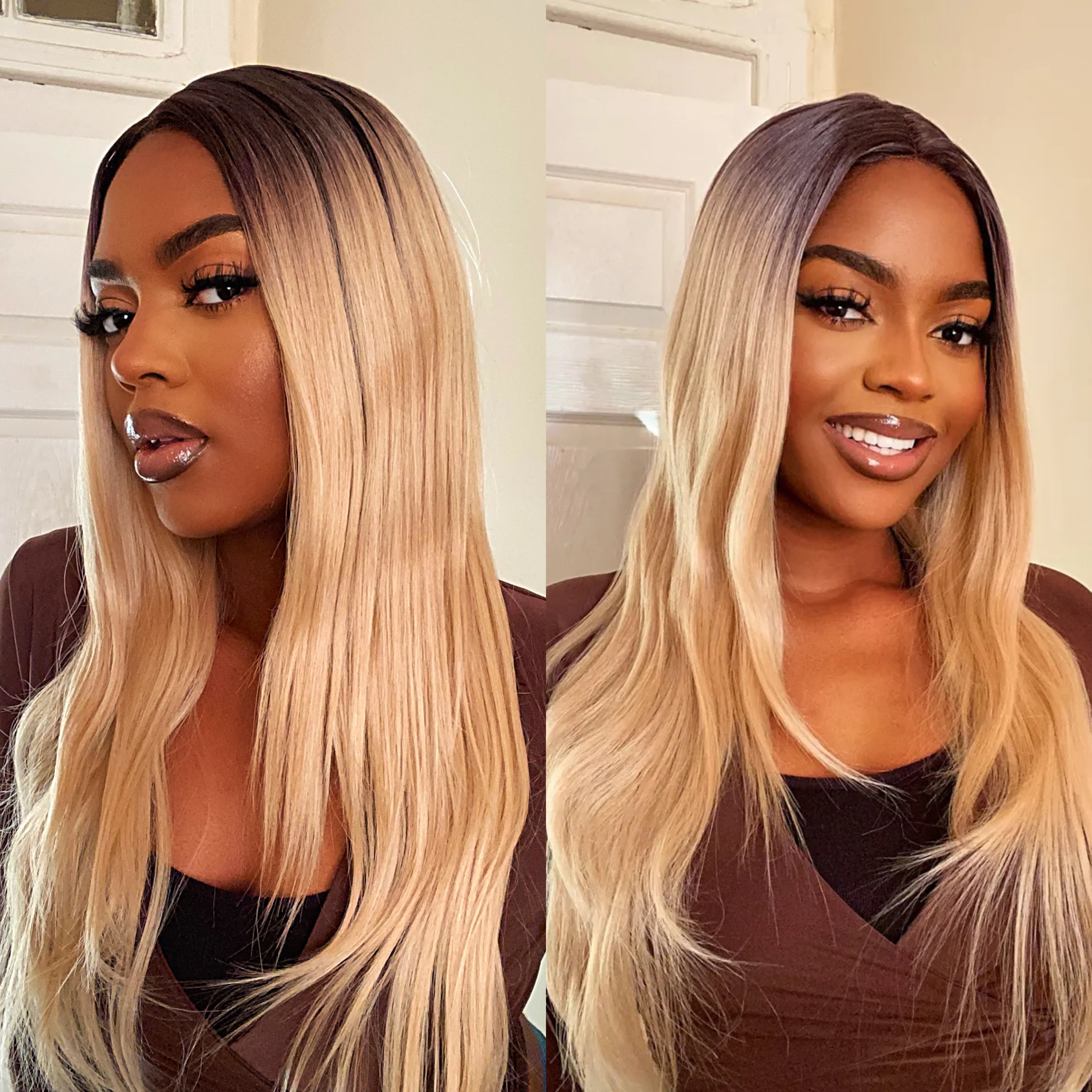 Toyotress Airy Yaki Straight T-middle Part Lace Front Wigs with Baby Hair | 20-32 Inch Long Soft Human Hair Rival Brown With Piano Highlights Wig(1472)