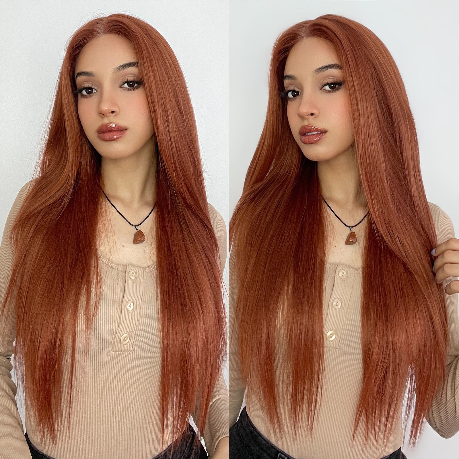 Toyotress Airy Yaki Straight T-middle Part Lace Front Wigs with Baby Hair | 20-32 Inch Long Soft Human Hair Rival Brown With Piano Highlights Wig(1472)