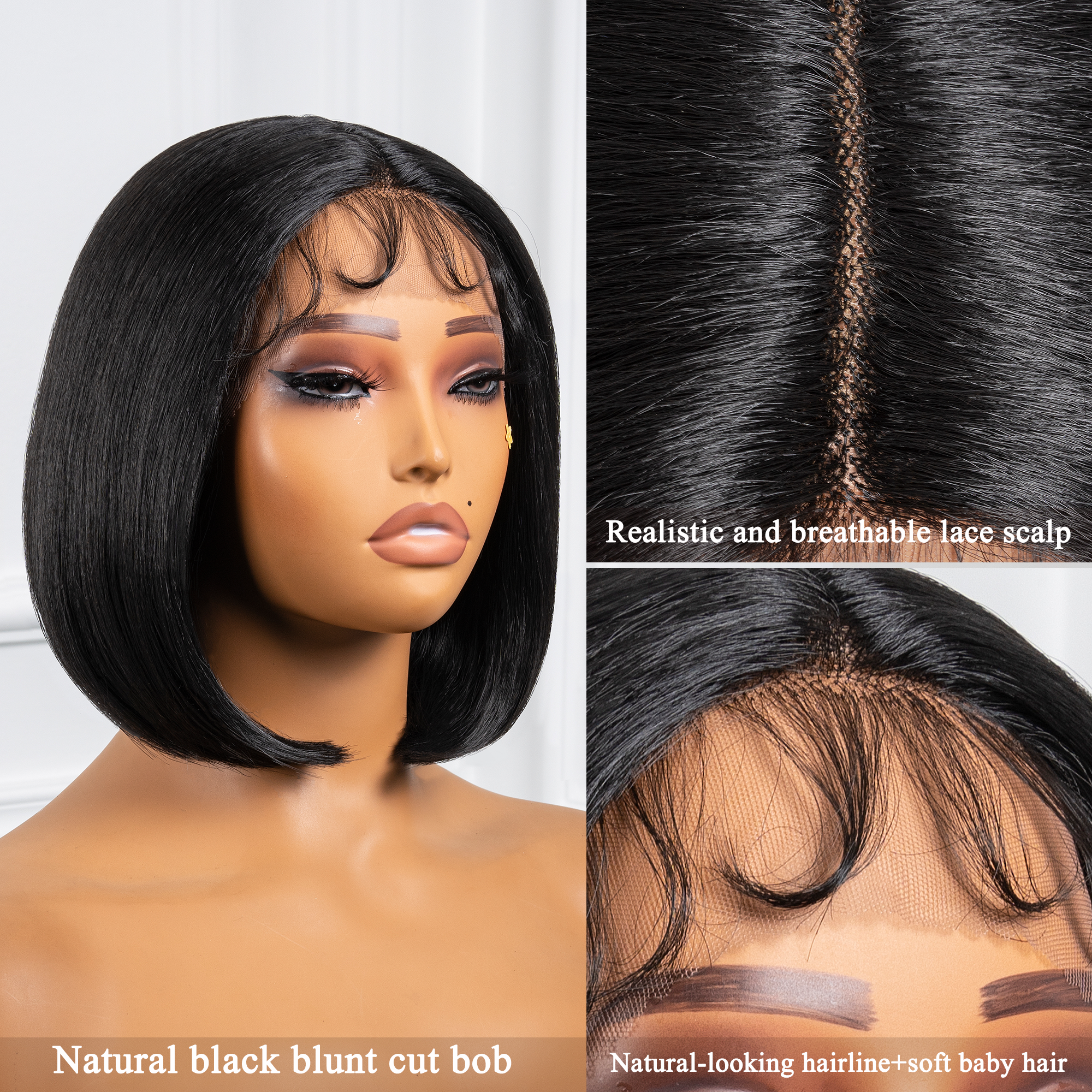 TOYOTRESS AIRY YAKI STRAIGHT T-MIDDLE PART LACE FRONT WIGS WITH BABY HAIR - 12 INCH BOB HUMAN HAIR RIVAL WIG OMBRE BROWN WITH BLACK ROOTS WIG(1027）