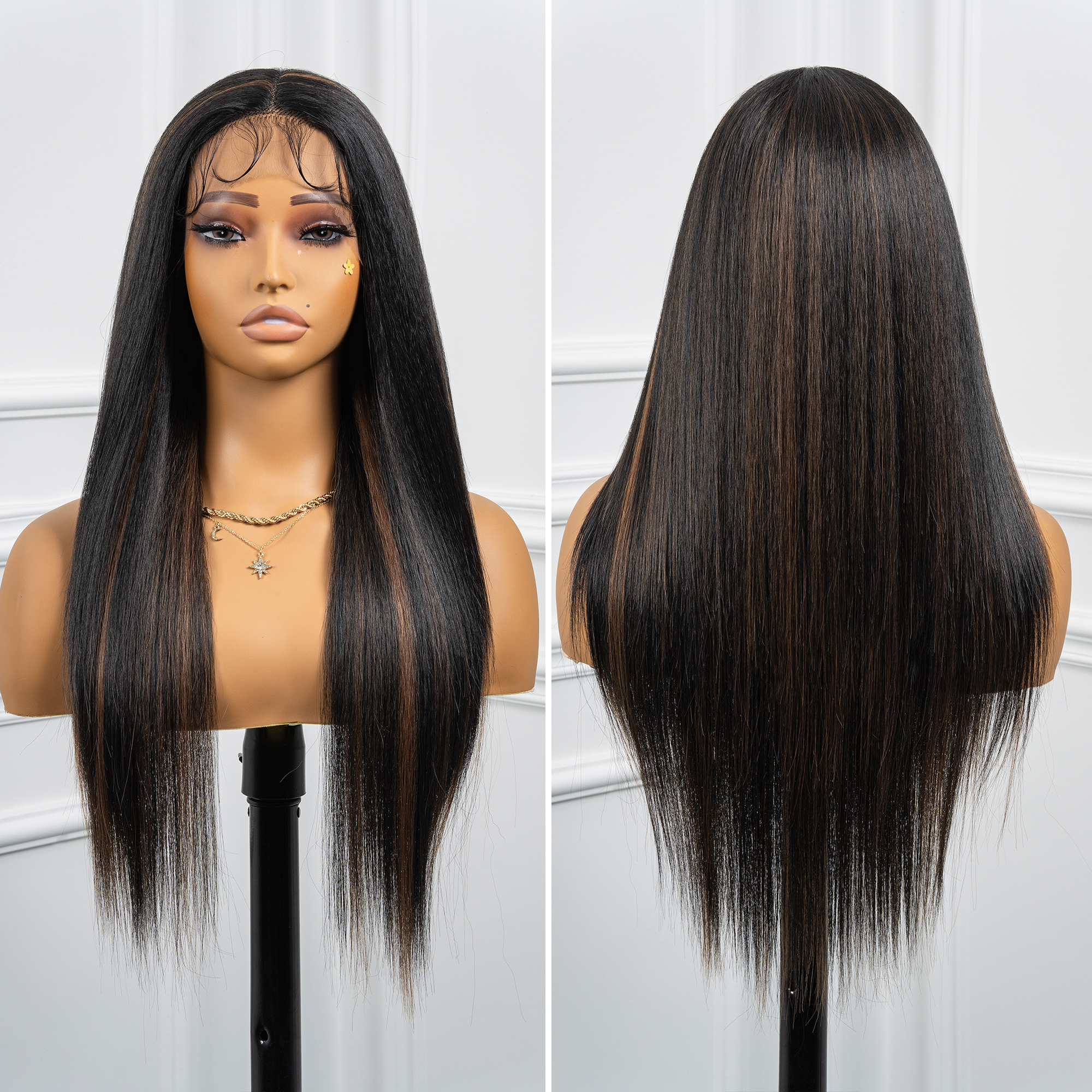 Toyotress Airy Yaki Straight T-middle Part Lace Front Wigs with Baby Hair | 20-32 Inch Long Soft Human Hair Rival Brown With Piano Highlights Wig(1472)