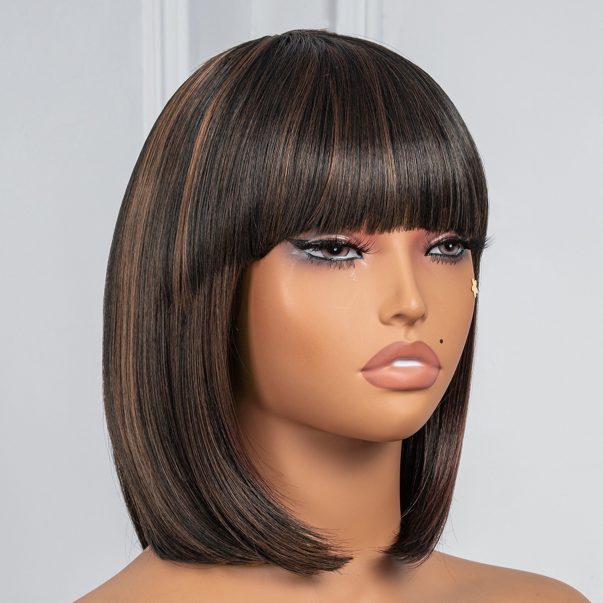 Toyotress Short Bob Synthetic Wigs | Blunt cut Natural Black Straight Wig with Bangs Synthetic Wig（612H+618）