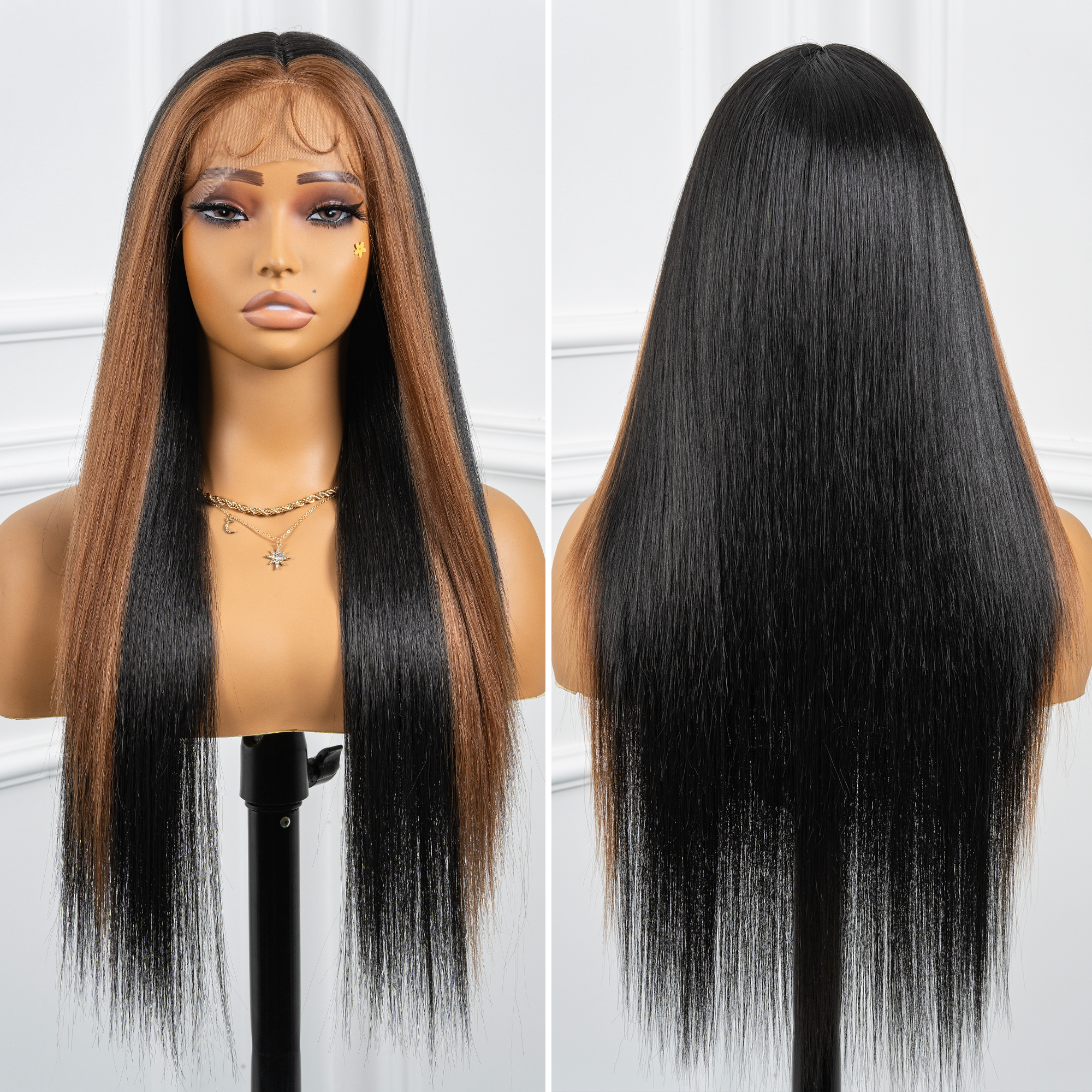 Toyotress Airy Yaki Straight T-middle Part Lace Front Wigs with Baby Hair | 20-32 Inch Long Soft Human Hair Rival Brown With Piano Highlights Wig(1472)