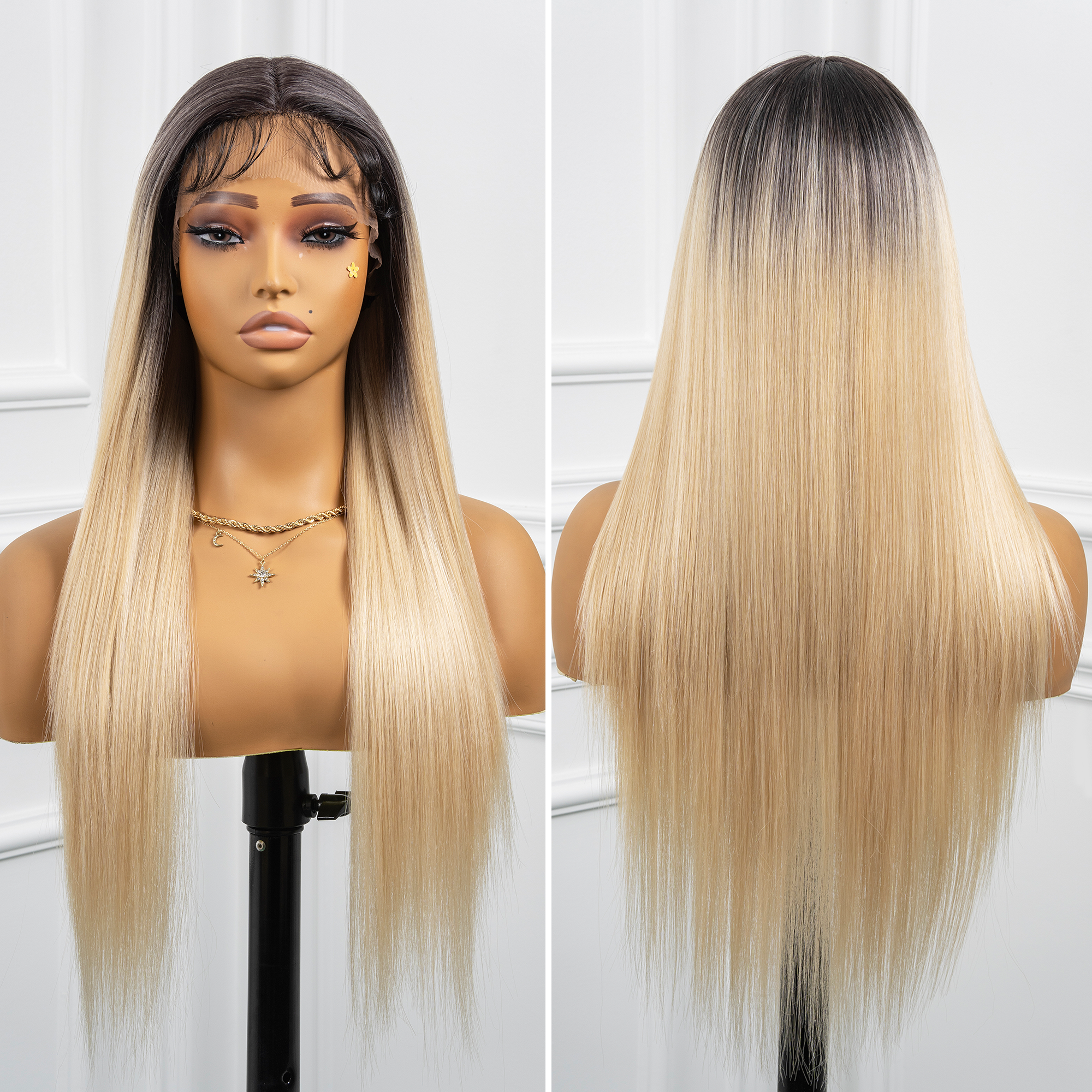 Toyotress Airy Yaki Straight T-middle Part Lace Front Wigs with Baby Hair | 20-32 Inch Long Soft Human Hair Rival Brown With Piano Highlights Wig(1472)