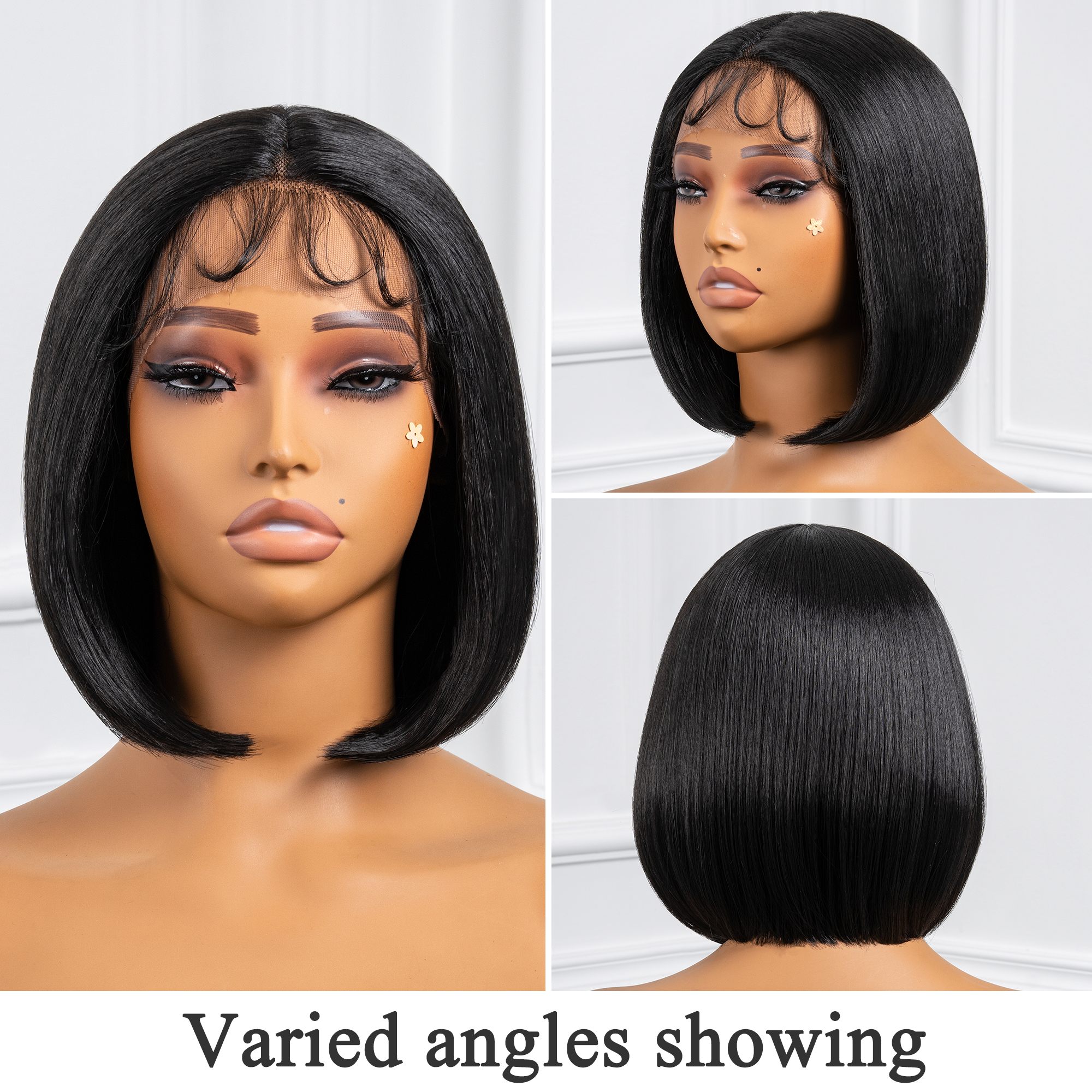 TOYOTRESS AIRY YAKI STRAIGHT T-MIDDLE PART LACE FRONT WIGS WITH BABY HAIR - 12 INCH BOB HUMAN HAIR RIVAL WIG OMBRE BROWN WITH BLACK ROOTS WIG(1027）