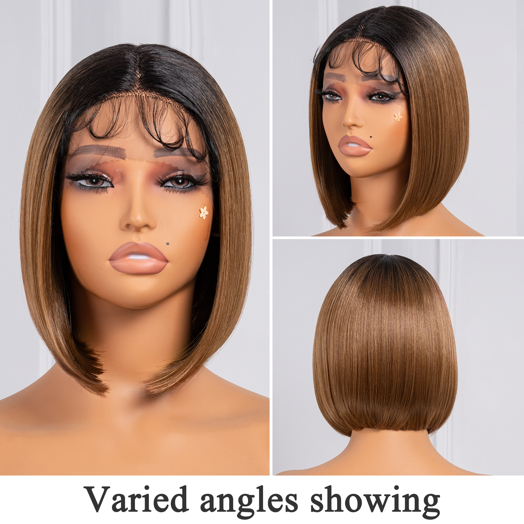 TOYOTRESS AIRY YAKI STRAIGHT T-MIDDLE PART LACE FRONT WIGS WITH BABY HAIR - 12 INCH BOB HUMAN HAIR RIVAL WIG OMBRE BROWN WITH BLACK ROOTS WIG(1027）