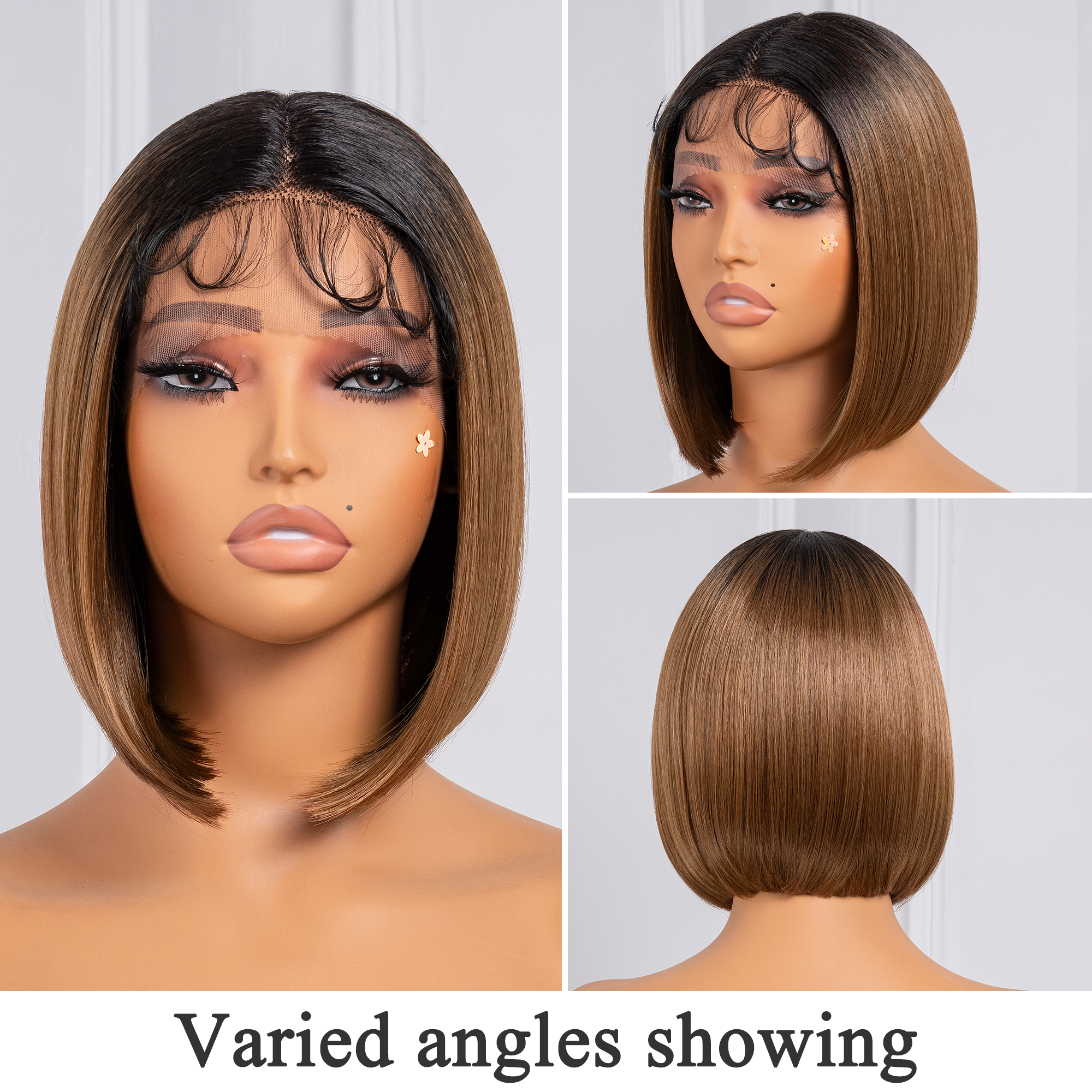 TOYOTRESS AIRY YAKI STRAIGHT T-MIDDLE PART LACE FRONT WIGS WITH BABY HAIR - 10 INCH BOB HUMAN HAIR RIVAL WIG OMBRE BROWN WITH BLACK ROOTS WIG(1027）