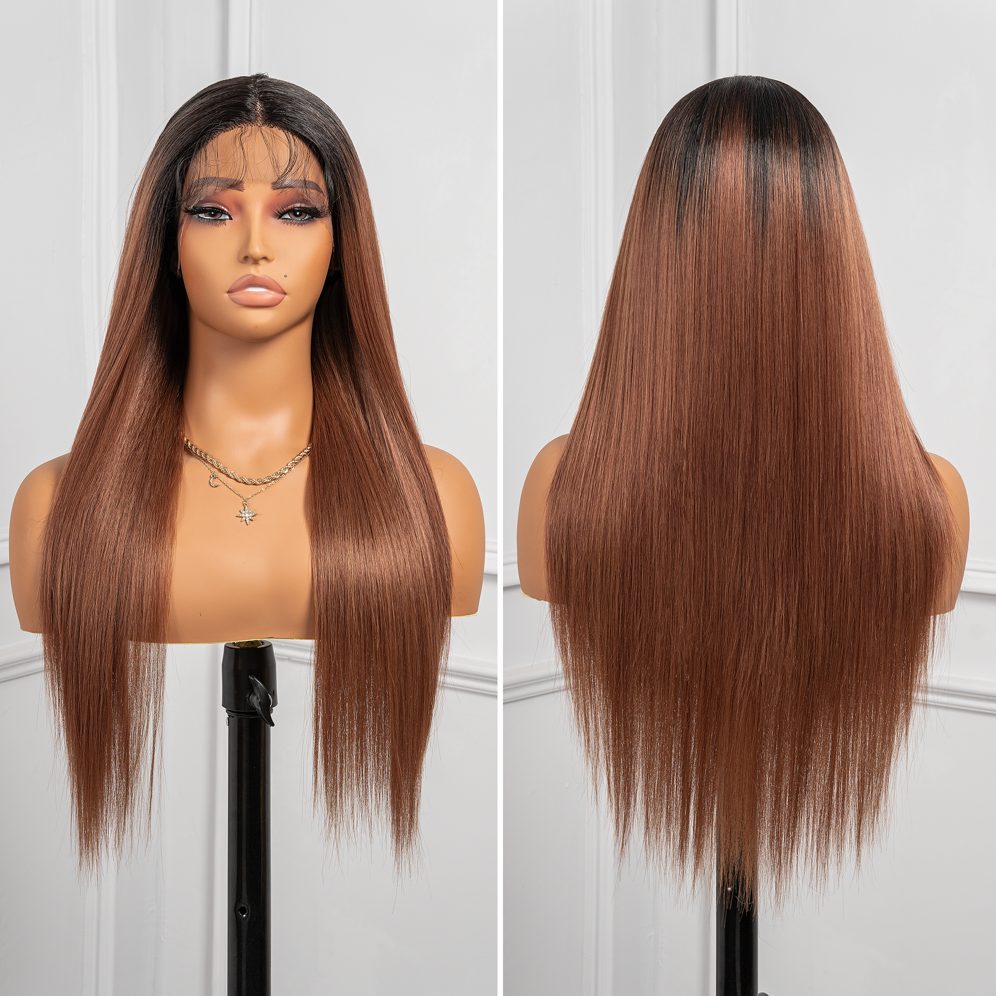 Toyotress Airy Yaki Straight T-middle Part Lace Front Wigs with Baby Hair | 20-32 Inch Long Soft Human Hair Rival Brown With Piano Highlights Wig(1472)