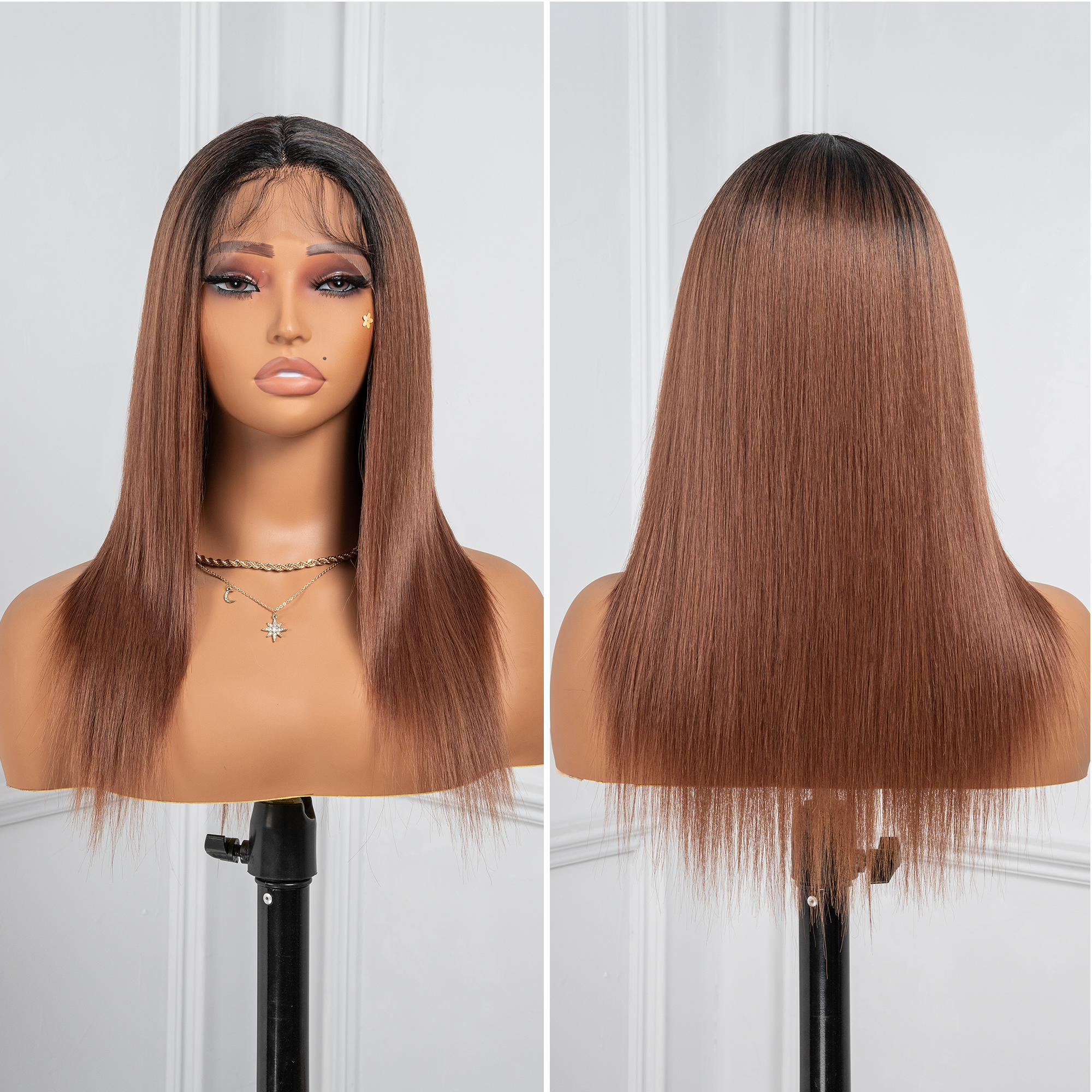 Toyotress Airy Yaki Straight T-middle Part Lace Front Wigs with Baby Hair | 20-32 Inch Long Soft Human Hair Rival Brown With Piano Highlights Wig(1472)