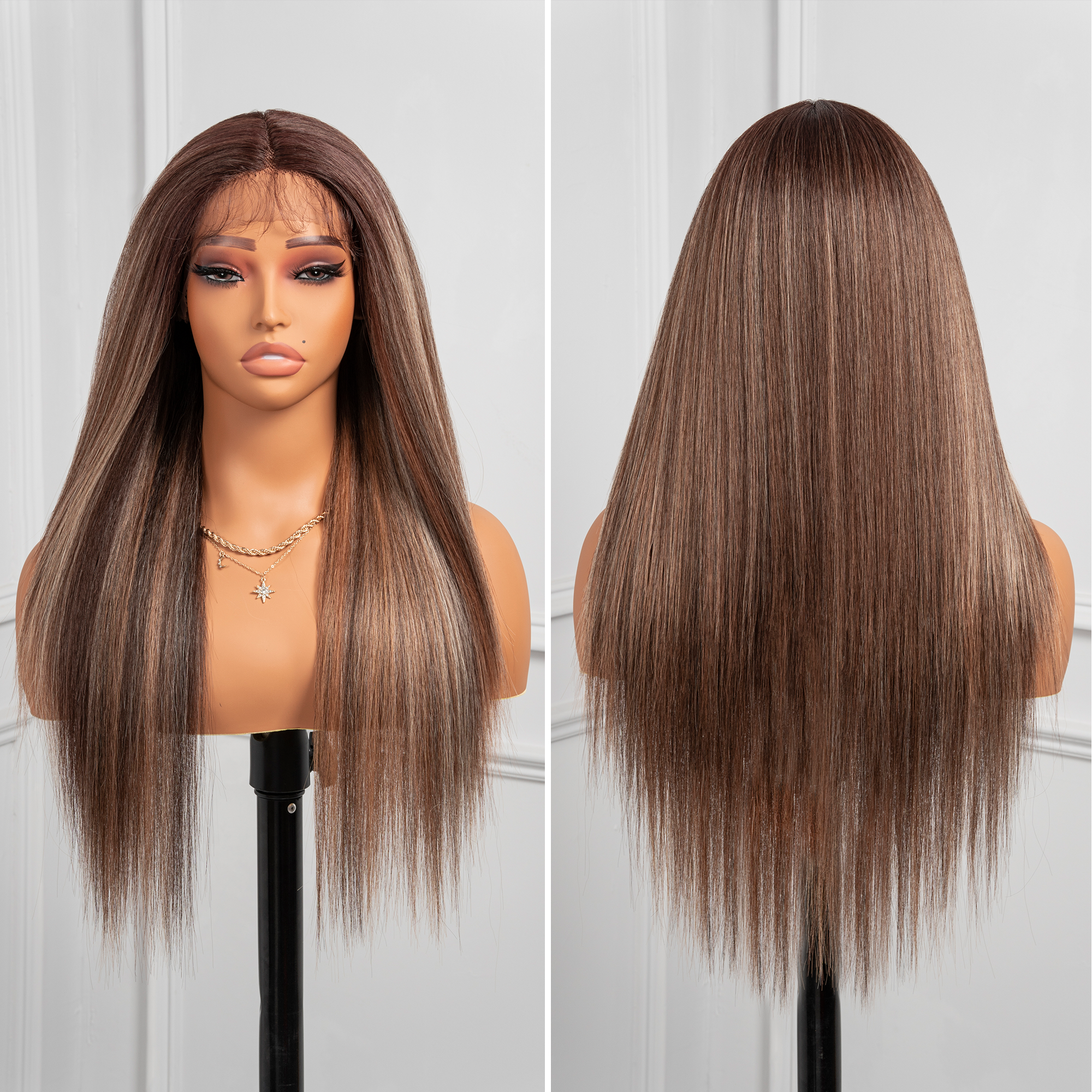 Toyotress Airy Yaki Straight T-middle Part Lace Front Wigs with Baby Hair | 20-32 Inch Long Soft Human Hair Rival Brown With Piano Highlights Wig(1472)