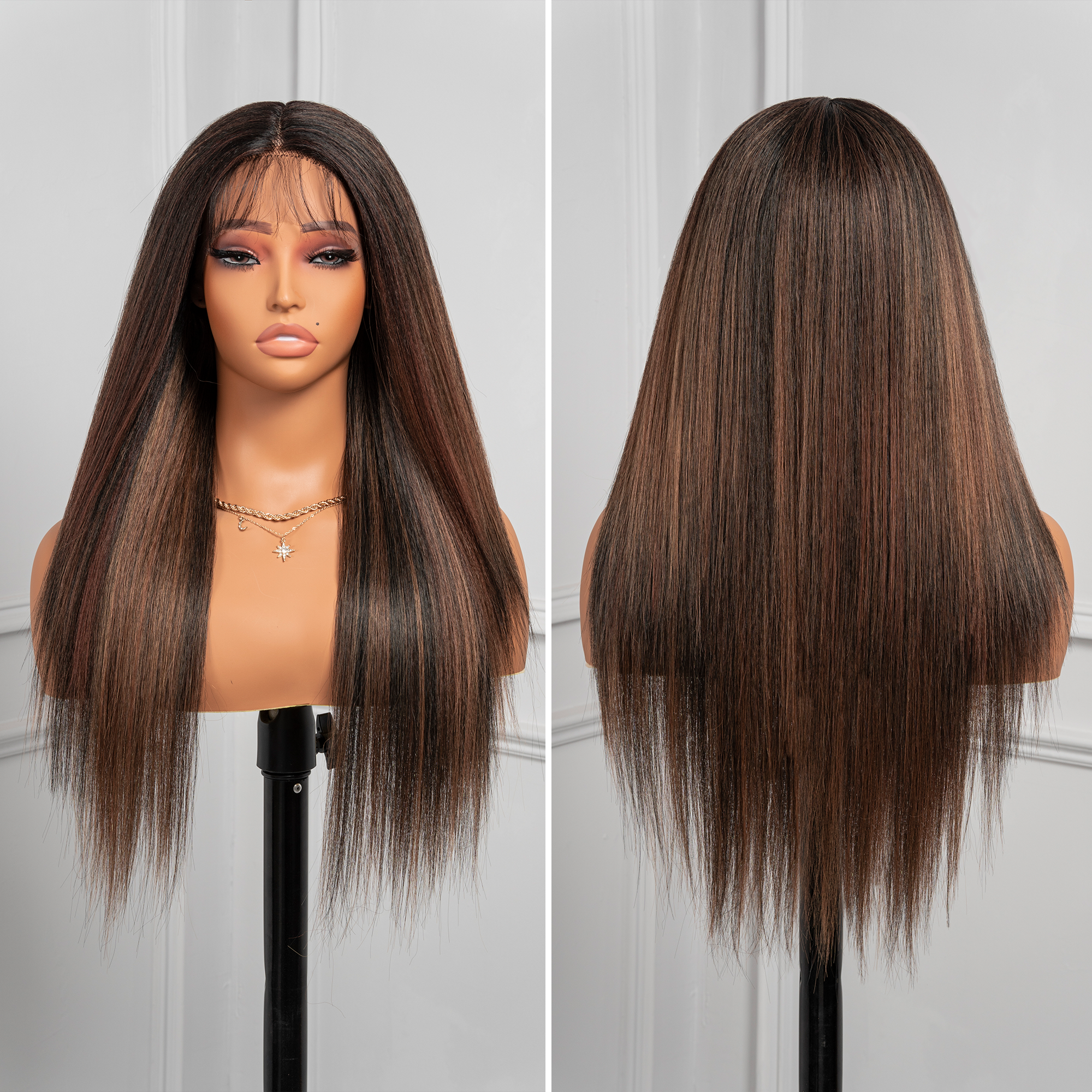 Toyotress Airy Yaki Straight T-middle Part Lace Front Wigs with Baby Hair | 20-32 Inch Long Soft Human Hair Rival Brown With Piano Highlights Wig(1472)