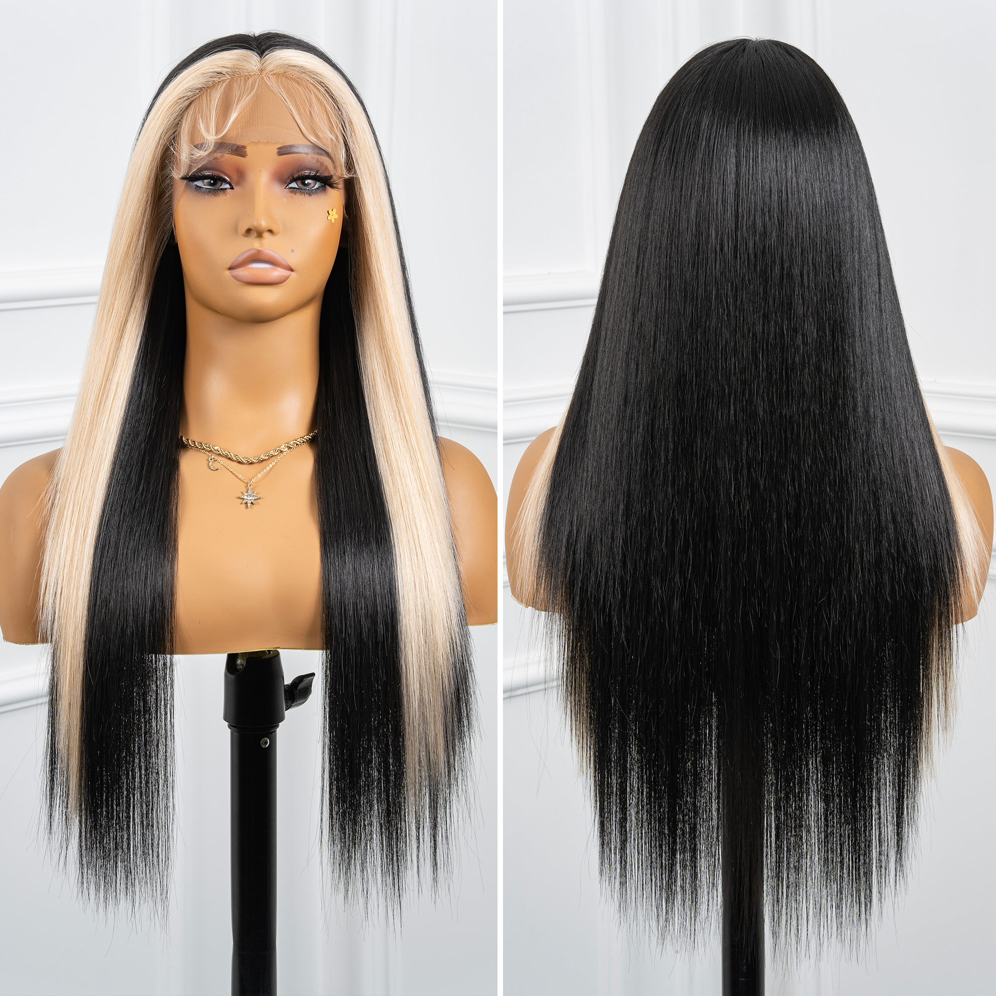 Toyotress Airy Yaki Straight T-middle Part Lace Front Wigs with Baby Hair | 20-32 Inch Long Soft Human Hair Rival Brown With Piano Highlights Wig(1472)