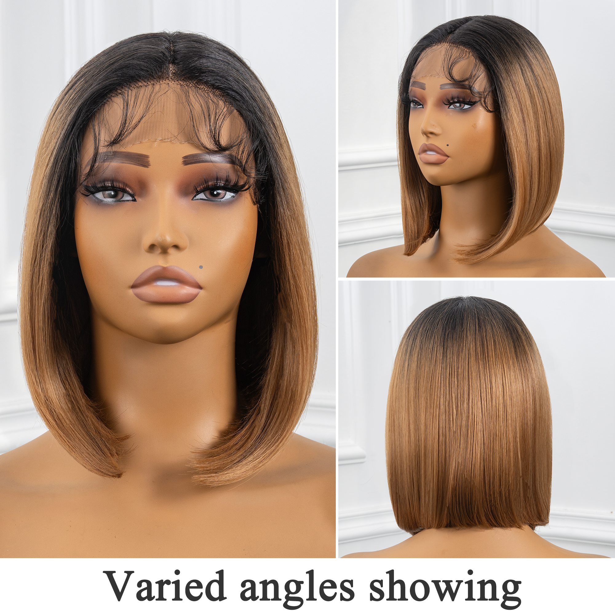 TOYOTRESS AIRY YAKI STRAIGHT T-MIDDLE PART LACE FRONT WIGS WITH BABY HAIR - 12 INCH BOB HUMAN HAIR RIVAL WIG OMBRE BROWN WITH BLACK ROOTS WIG(1027）