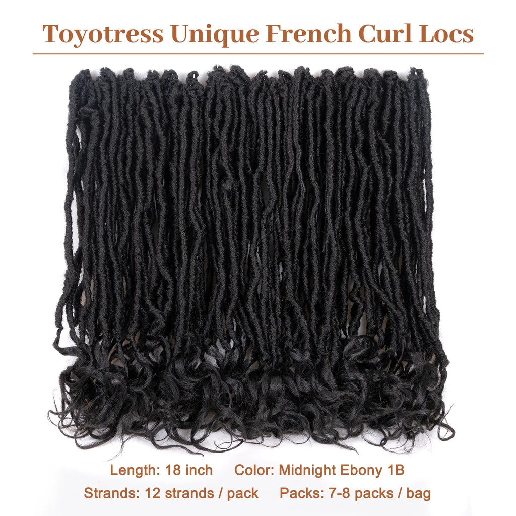 ( US ONLY) FAST SHIPPING FC | Toyotress® French Curl Locs Crochet Hair Curly Faux Locs 8 Packs Black Pre-Looped Crochet Hair with Curly ends Crochet Hair with Soft Curly Wave Ends Hair Extensions Toyotress