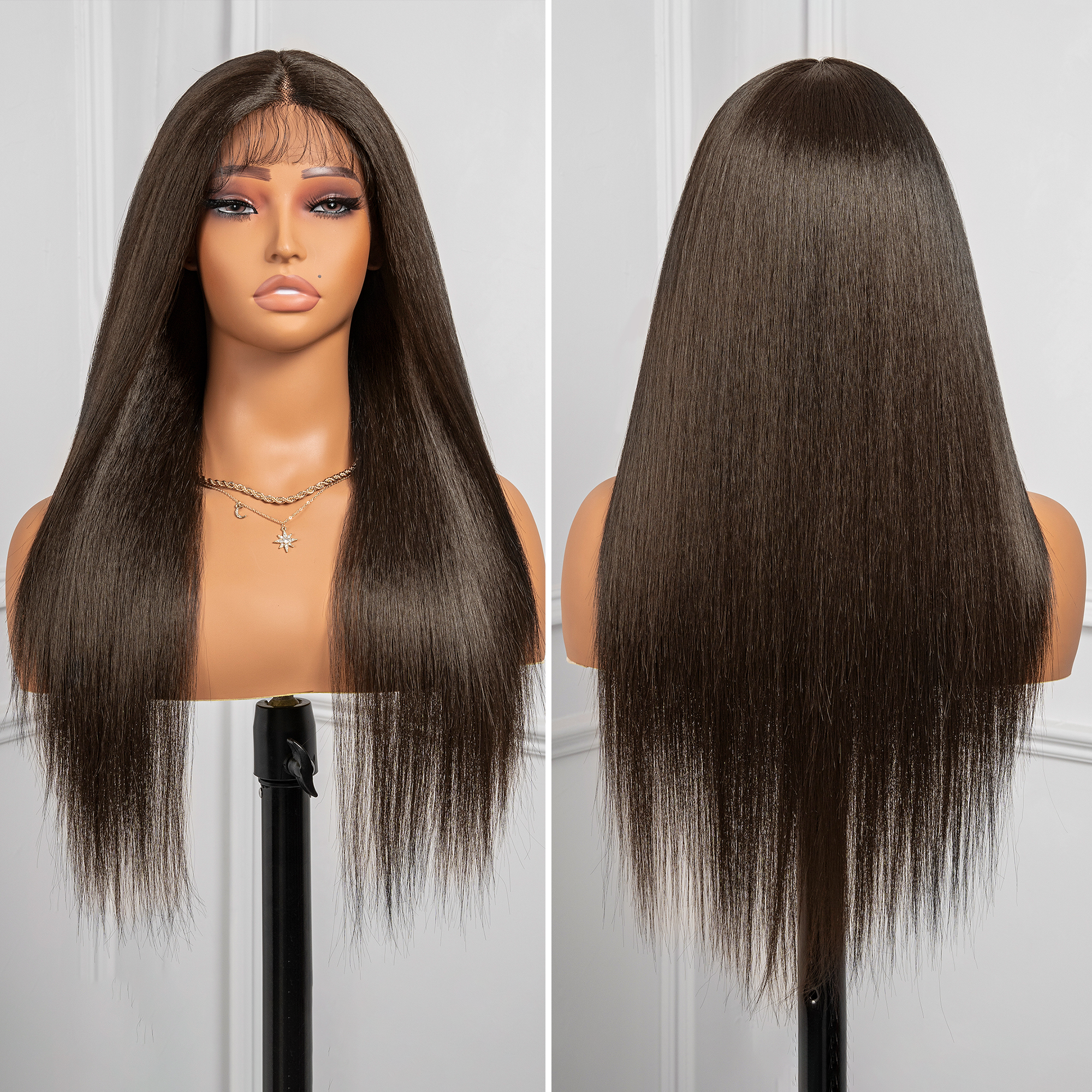 Toyotress Airy Yaki Straight T-middle Part Lace Front Wigs with Baby Hair | 20-32 Inch Long Soft Human Hair Rival Brown With Piano Highlights Wig(1472)