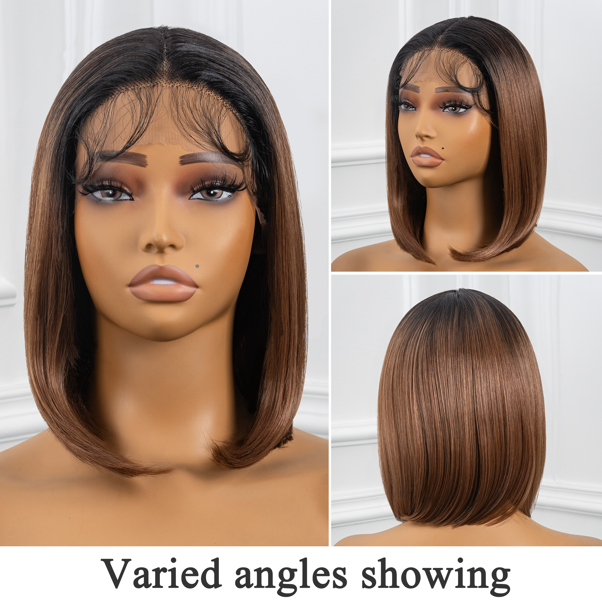 TOYOTRESS AIRY YAKI STRAIGHT T-MIDDLE PART LACE FRONT WIGS WITH BABY HAIR - 12 INCH BOB HUMAN HAIR RIVAL WIG OMBRE BROWN WITH BLACK ROOTS WIG(1027）