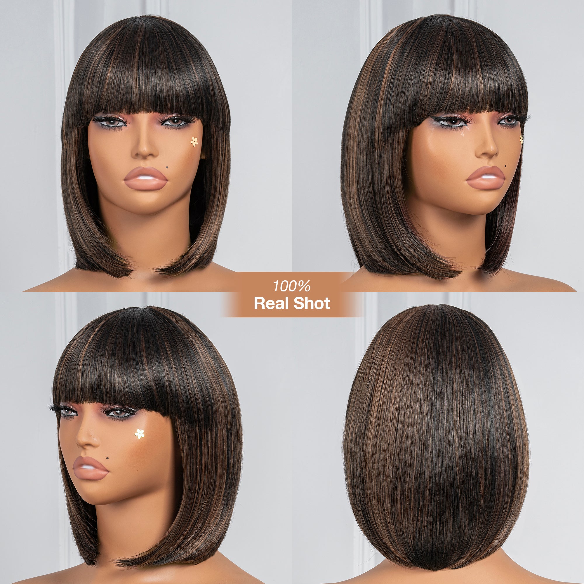 Toyotress Short Bob Synthetic Wigs | Blunt cut Natural Black Straight Wig with Bangs Synthetic Wig（612H+618）