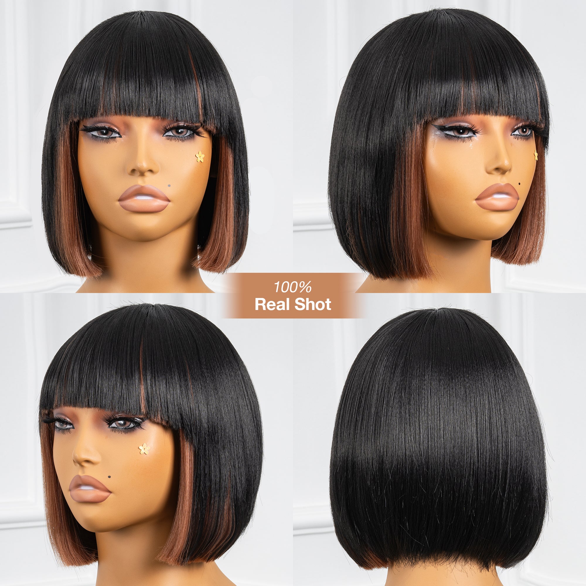 Toyotress Short Bob Synthetic Wigs | Blunt cut Natural Black Straight Wig with Bangs Synthetic Wig（612H+618）