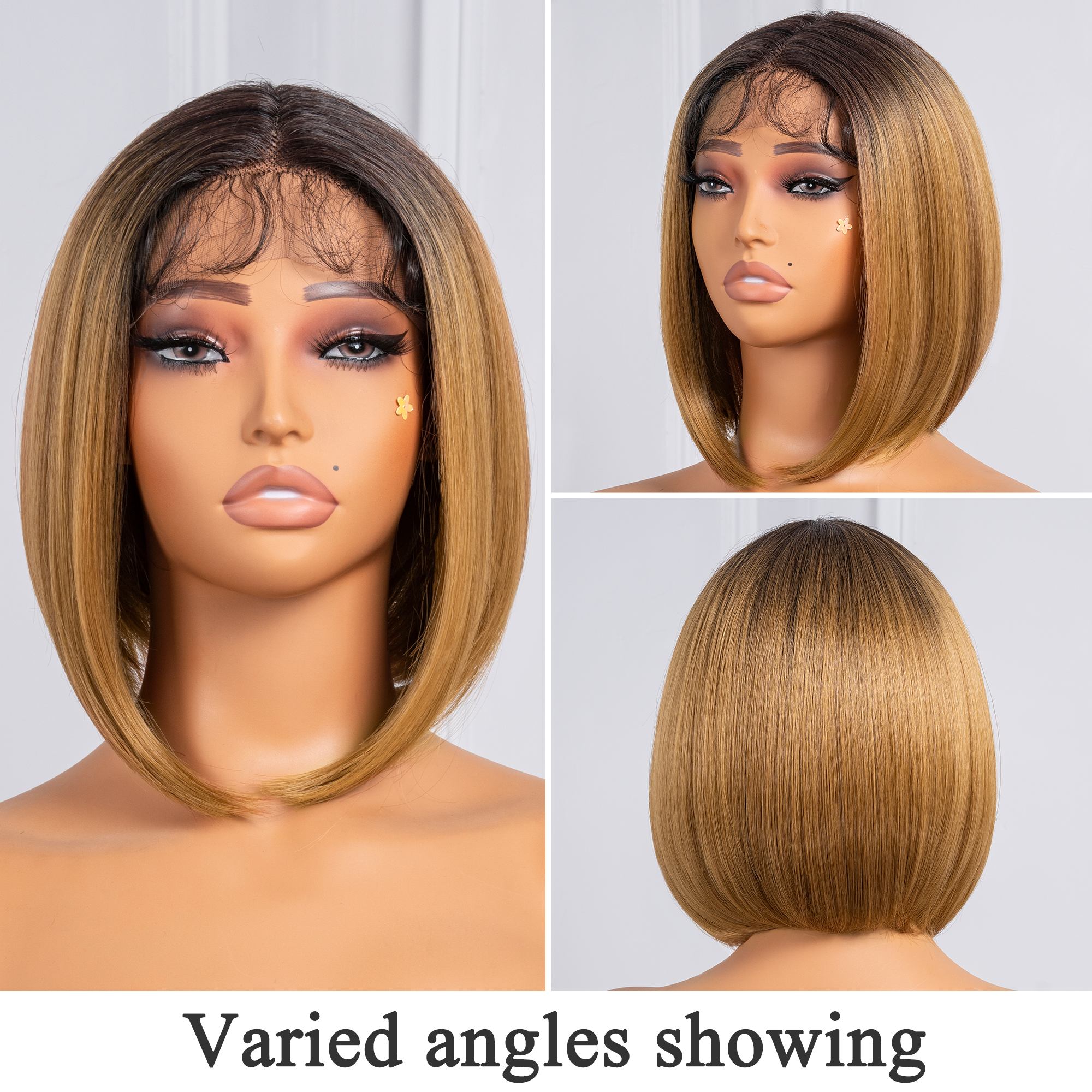 TOYOTRESS AIRY YAKI STRAIGHT T-MIDDLE PART LACE FRONT WIGS WITH BABY HAIR - 12 INCH BOB HUMAN HAIR RIVAL WIG OMBRE BROWN WITH BLACK ROOTS WIG(1027）
