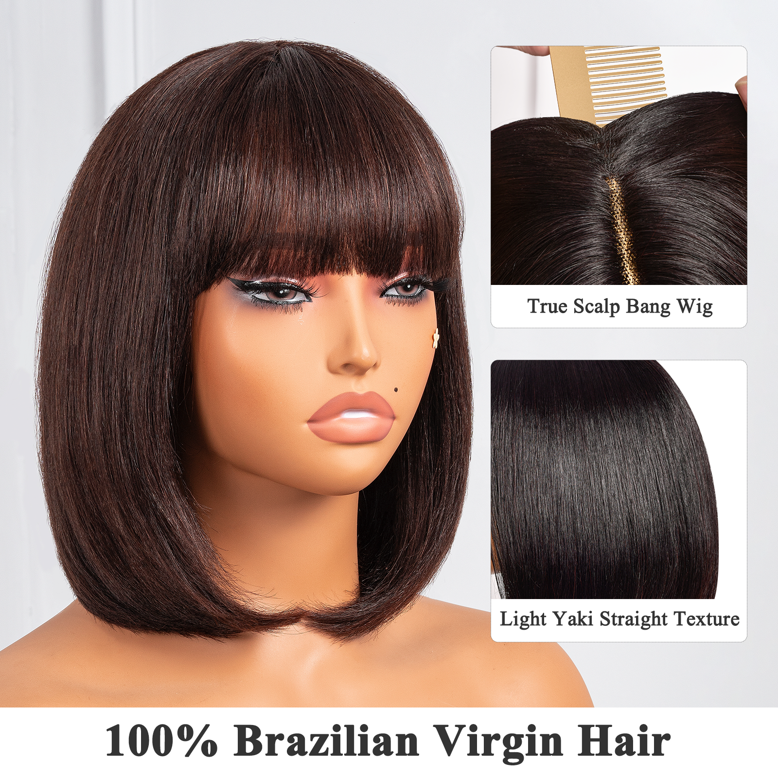 𝗖𝗮𝗽𝗿𝗶𝗰𝗼𝗿𝗻 | Toyotress U+ Human Hair Bob Wigs - 10 Inch Blunt Cut Short Black Bob Wigs With Bangs, Light Yaki Straight Realistic Look HD Invisible 13*4 T-Part long Lace Glueless 100% Brazilian Virgin Hair Wigs(LF0922H)