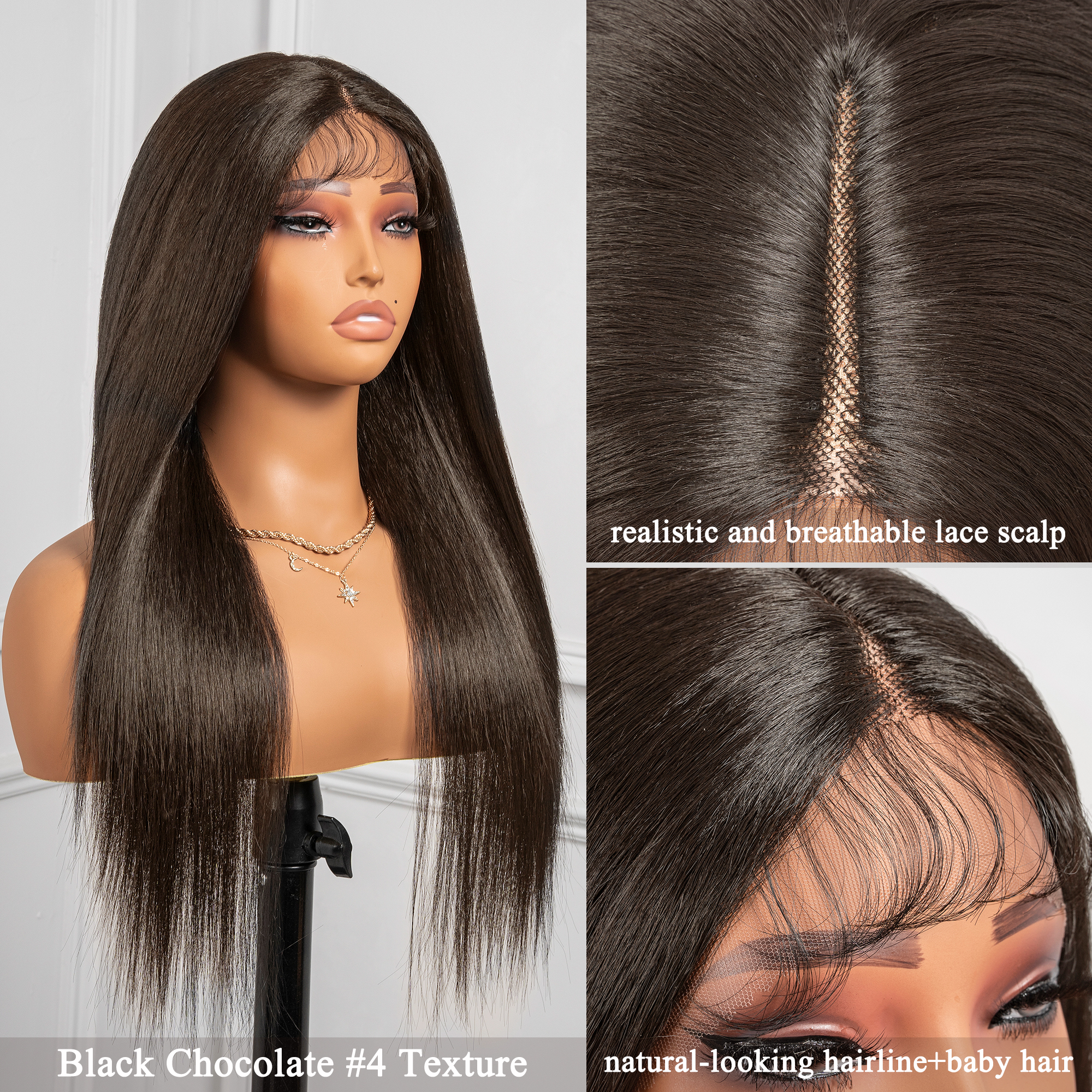 Toyotress Airy Yaki Straight T-middle Part Lace Front Wigs with Baby Hair | 20-32 Inch Long Soft Human Hair Rival Brown With Piano Highlights Wig(1472)