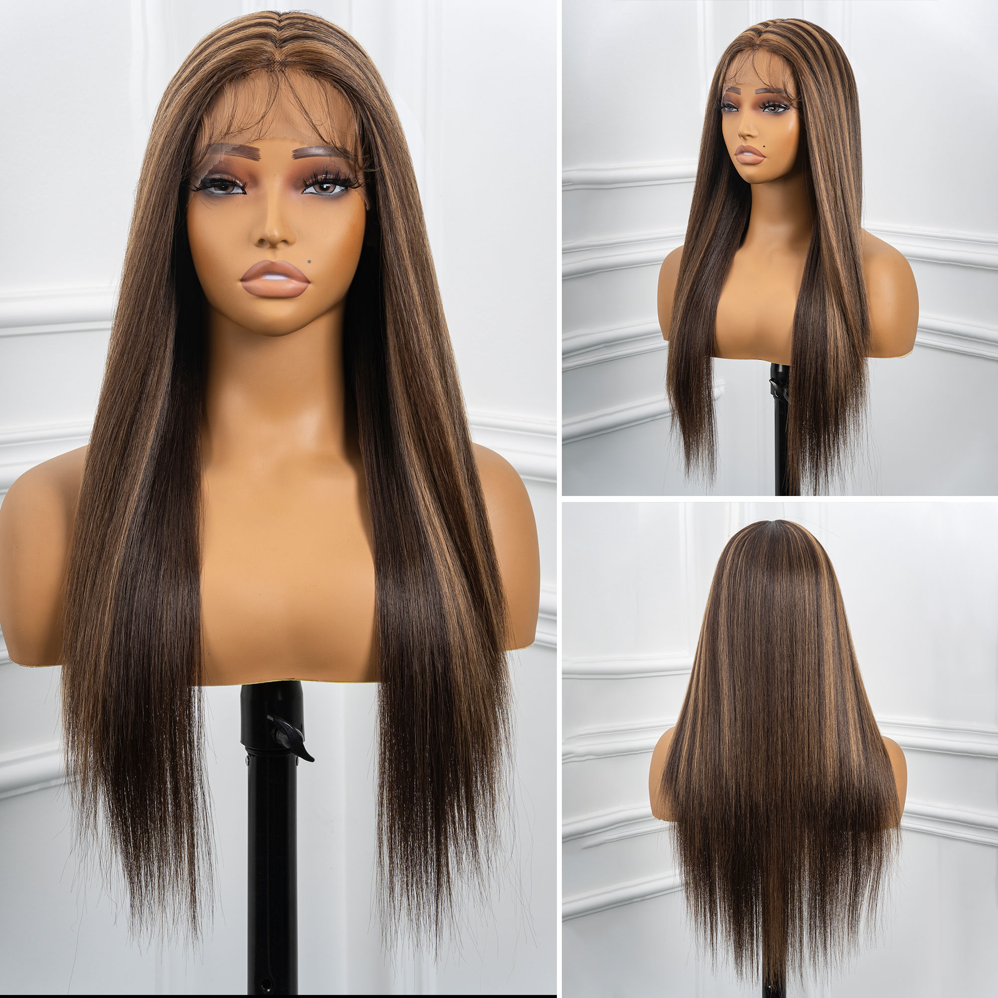 Toyotress Airy Yaki Straight T-middle Part Lace Front Wigs with Baby Hair | 20-32 Inch Long Soft Human Hair Rival Brown With Piano Highlights Wig(1472)