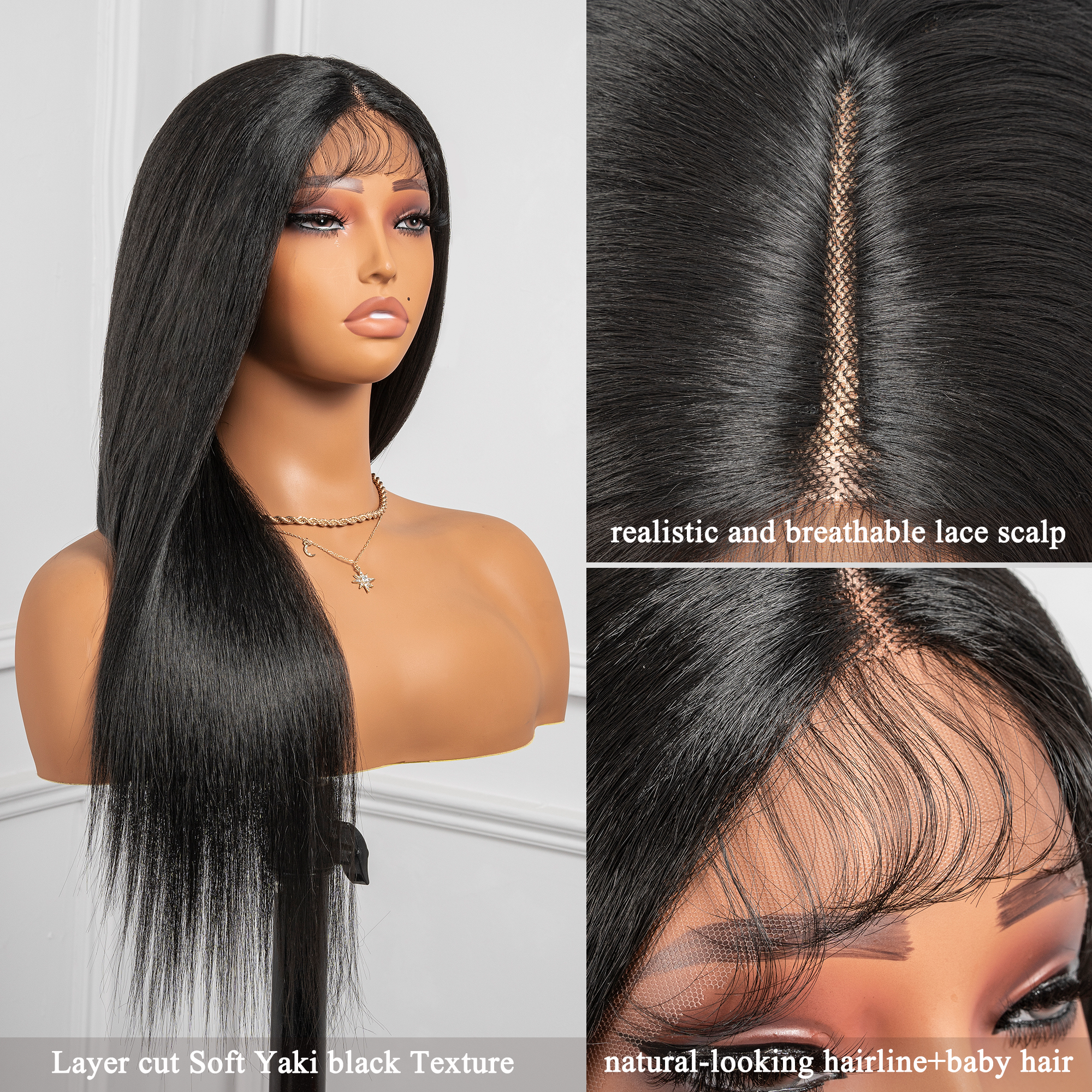 Toyotress Airy Yaki Straight T-middle Part Lace Front Wigs with Baby Hair | 20-32 Inch Long Soft Human Hair Rival Brown With Piano Highlights Wig(1472)