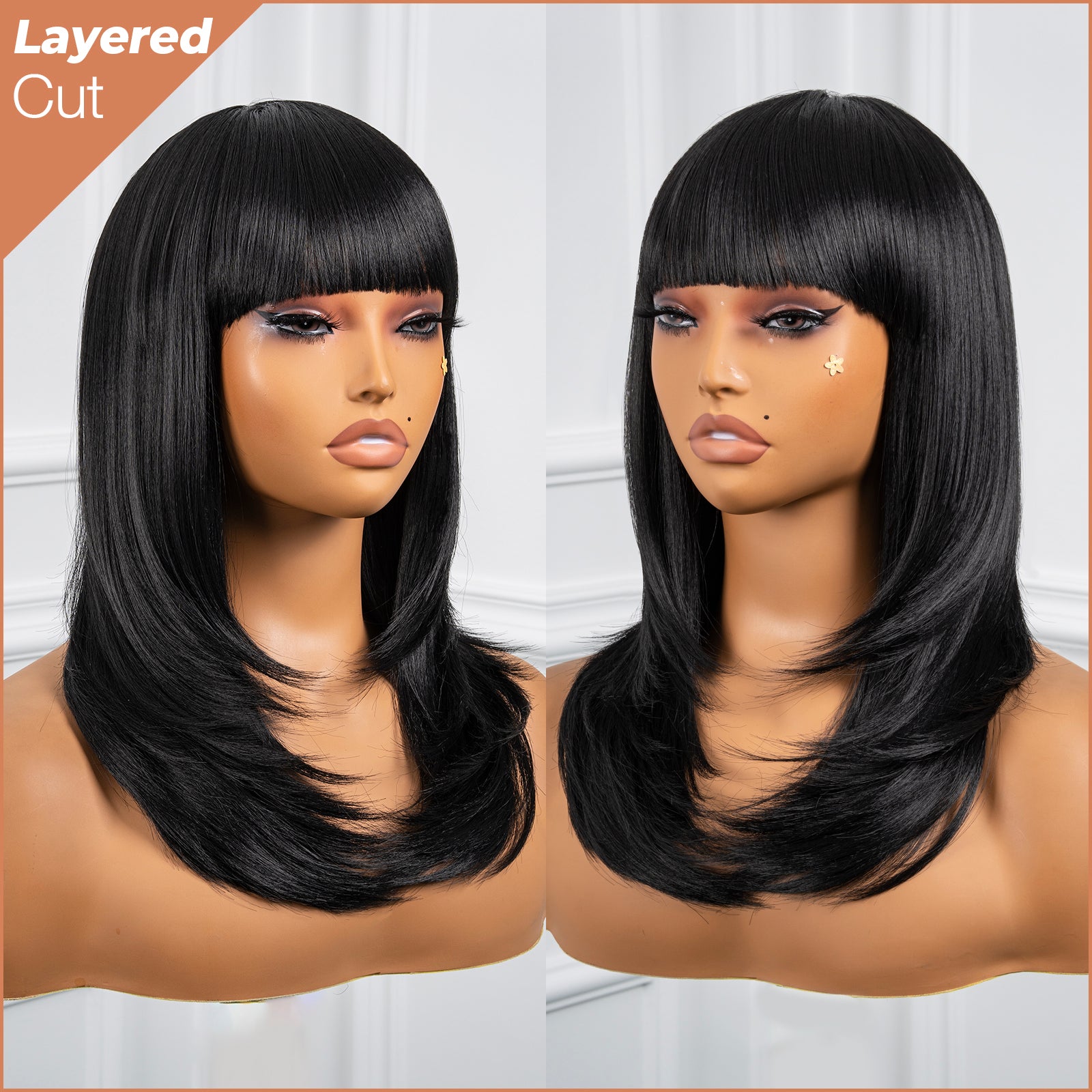 Toyotress  Shoulder-Length Layered Wigs With Bangs -10 Inch Natural Black Mid-Length Wavy Wigs For Black Women, Heat Resistant Synthetic Hair Replacement Wigs (BZ-10)