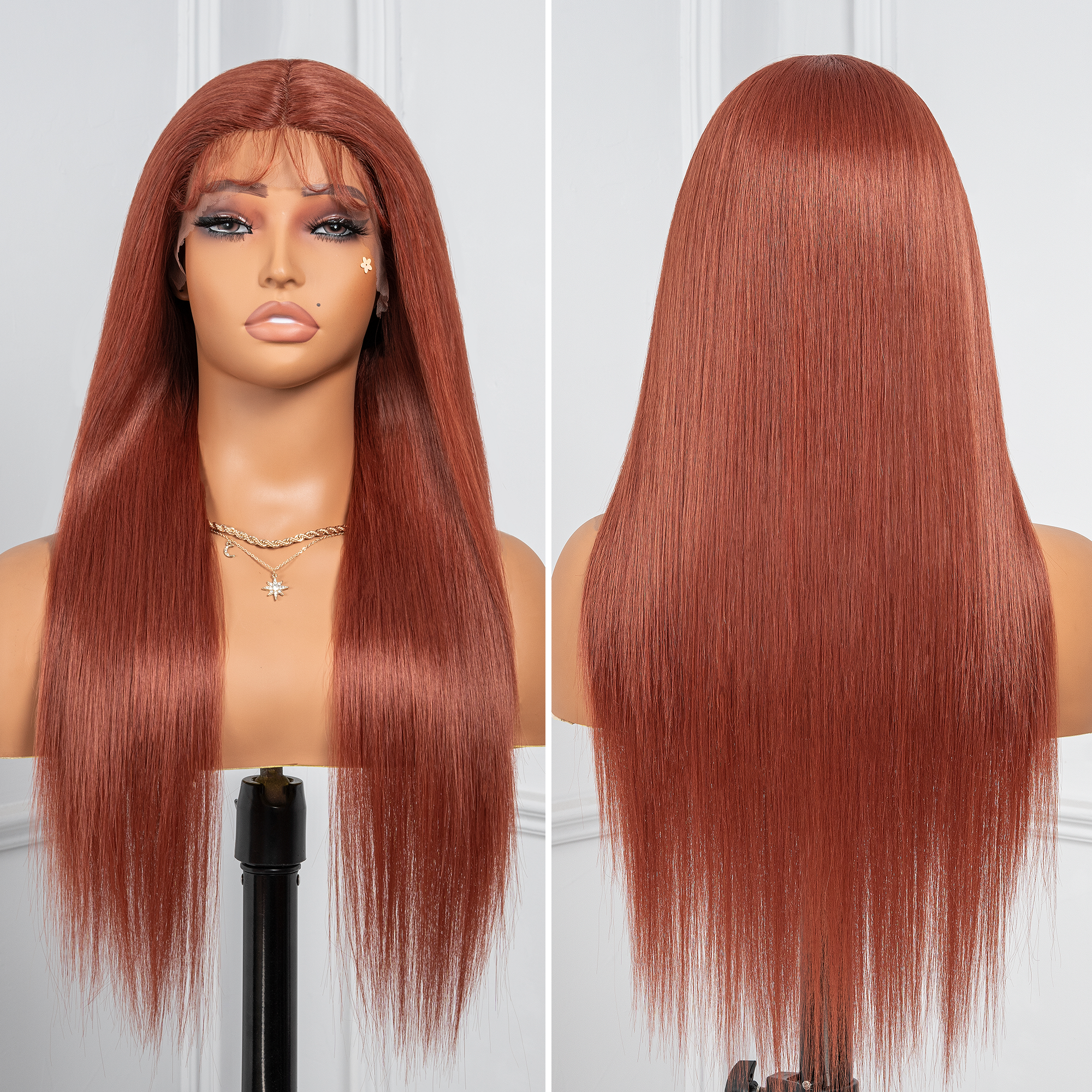 Toyotress Airy Yaki Straight T-middle Part Lace Front Wigs with Baby Hair | 20-32 Inch Long Soft Human Hair Rival Brown With Piano Highlights Wig(1472)